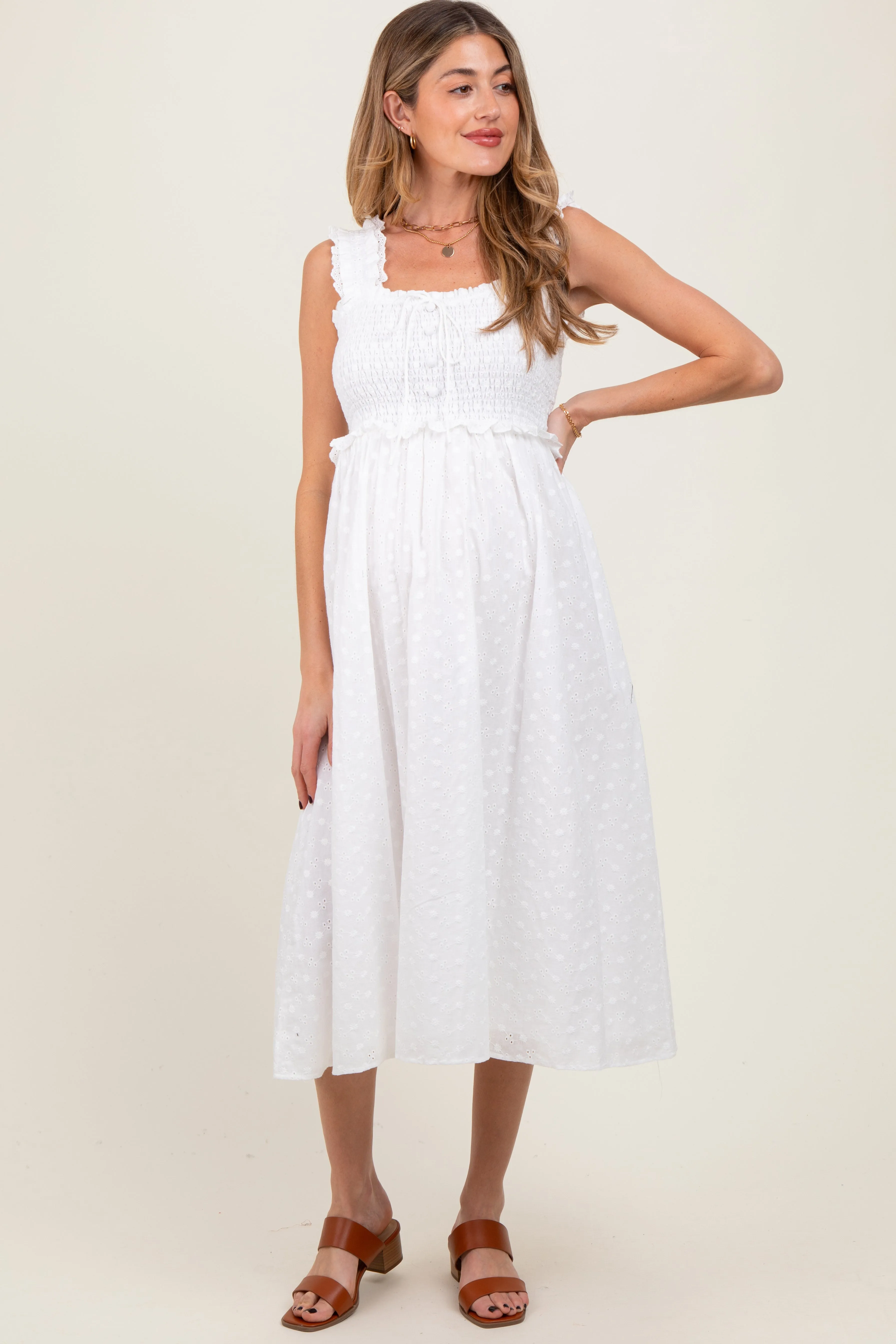 White Eyelet Sleeveless Maternity Midi Dress sold by Pinkblush product image thumbnail 2