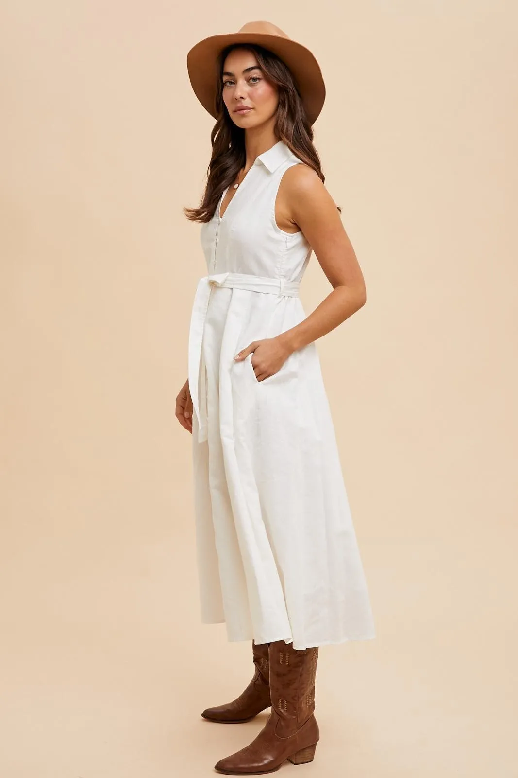White Sleeveless Linen Blend Midi Shirt Dress sold by Pinkblush product image thumbnail 3