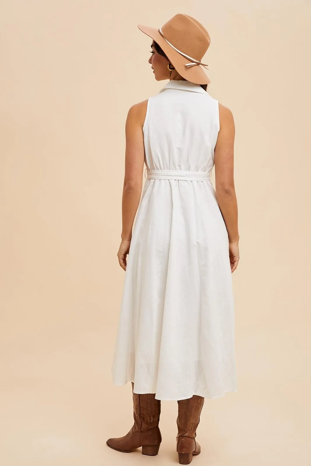 White Sleeveless Linen Blend Midi Shirt Dress sold by Pinkblush product image thumbnail 4