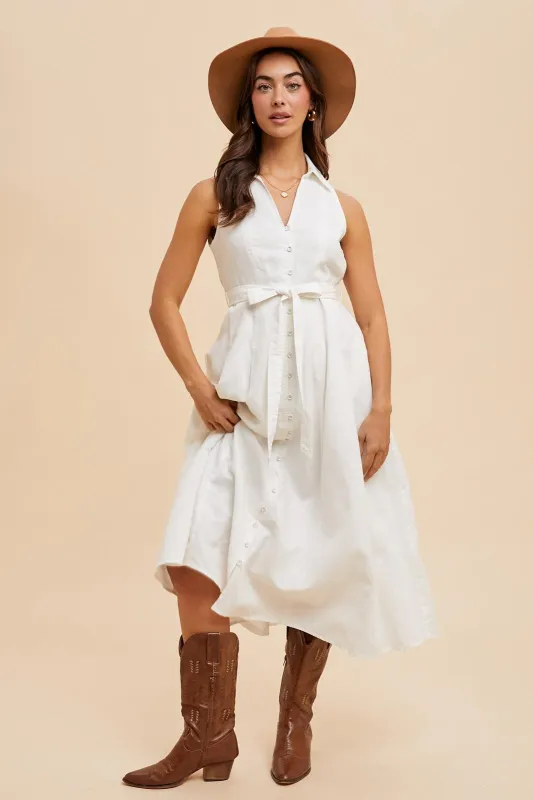 White Sleeveless Linen Blend Midi Shirt Dress sold by Pinkblush