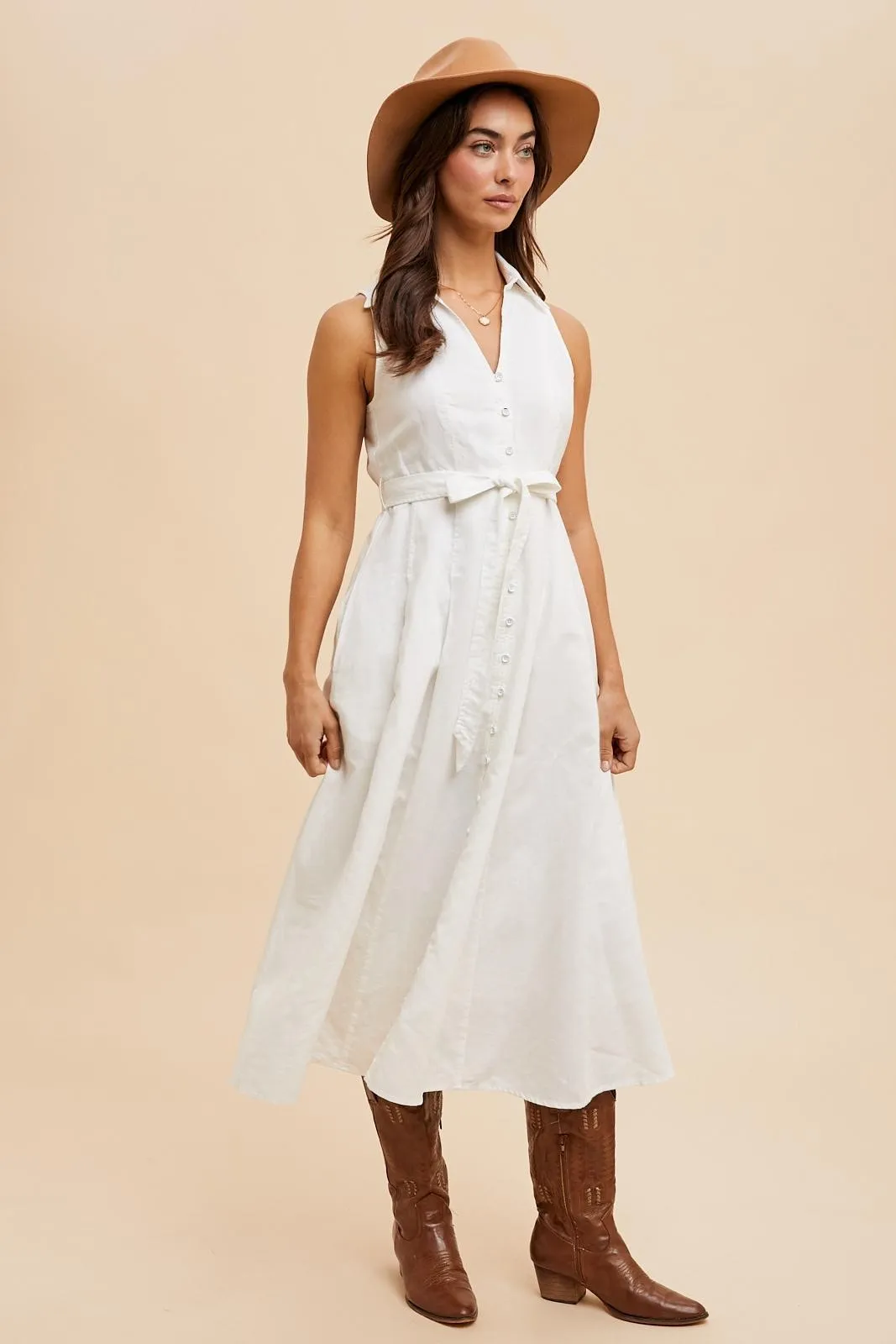 White Sleeveless Linen Blend Midi Shirt Dress sold by Pinkblush product image thumbnail 2