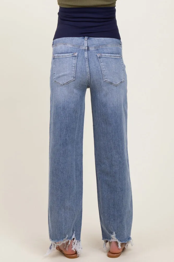 Light Blue Distressed Asymmetrical Fringe Hem Straight Leg Maternity Jeans sold by Pinkblush product image thumbnail 5