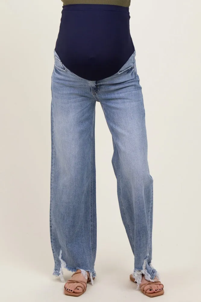 Light Blue Distressed Asymmetrical Fringe Hem Straight Leg Maternity Jeans sold by Pinkblush product image thumbnail 3
