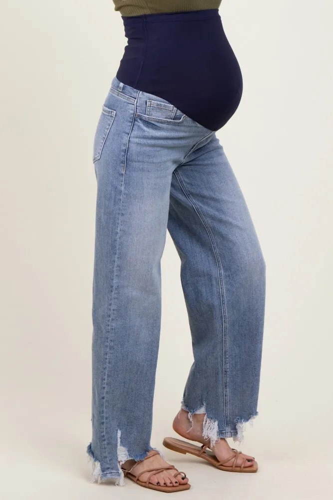 Light Blue Distressed Asymmetrical Fringe Hem Straight Leg Maternity Jeans sold by Pinkblush product image thumbnail 4