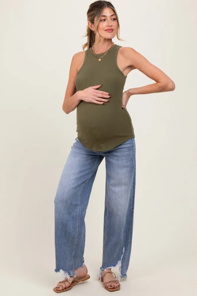 Light Blue Distressed Asymmetrical Fringe Hem Straight Leg Maternity Jeans sold by Pinkblush