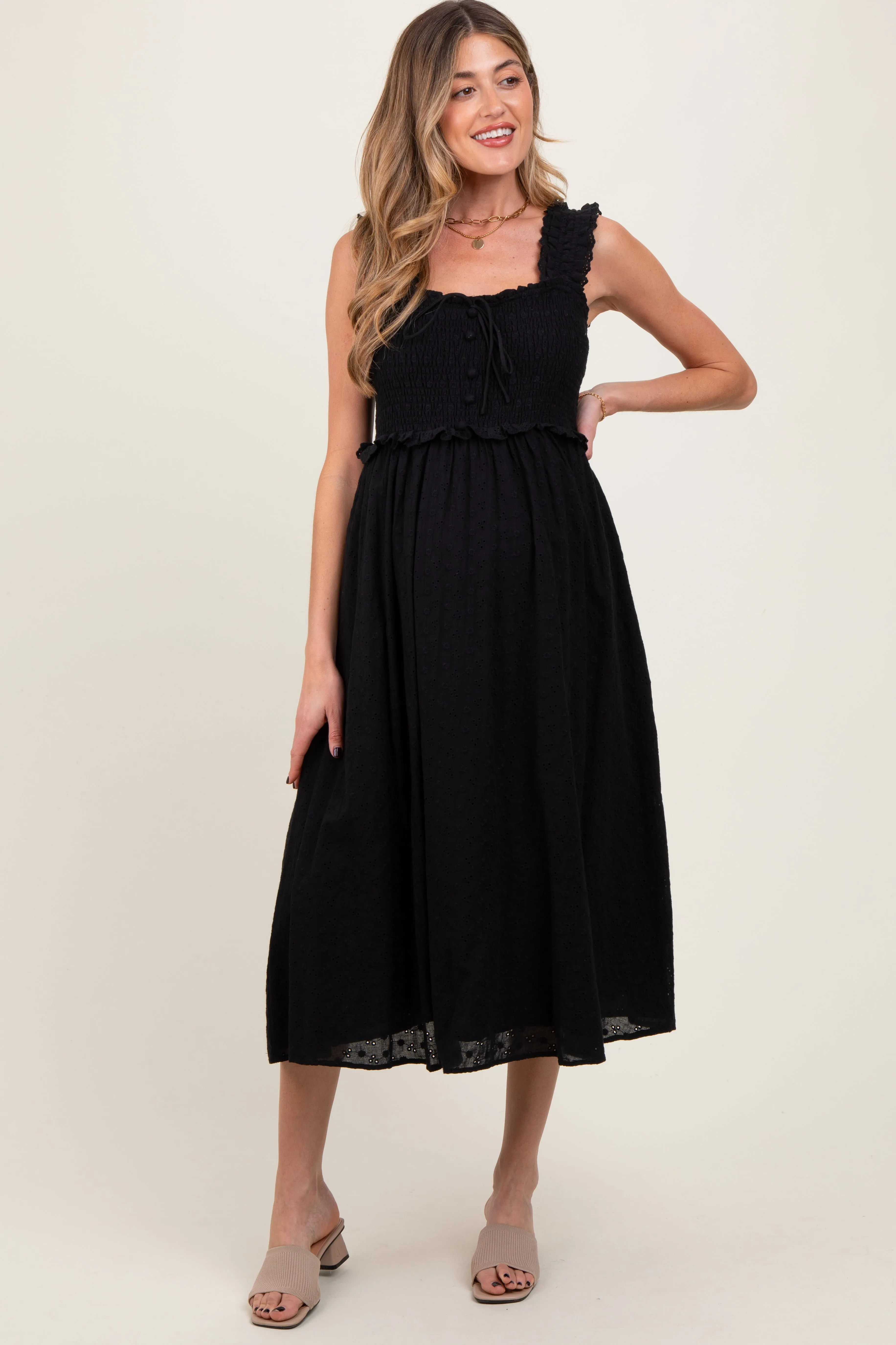 Black Eyelet Sleeveless Maternity Midi Dress sold by Pinkblush