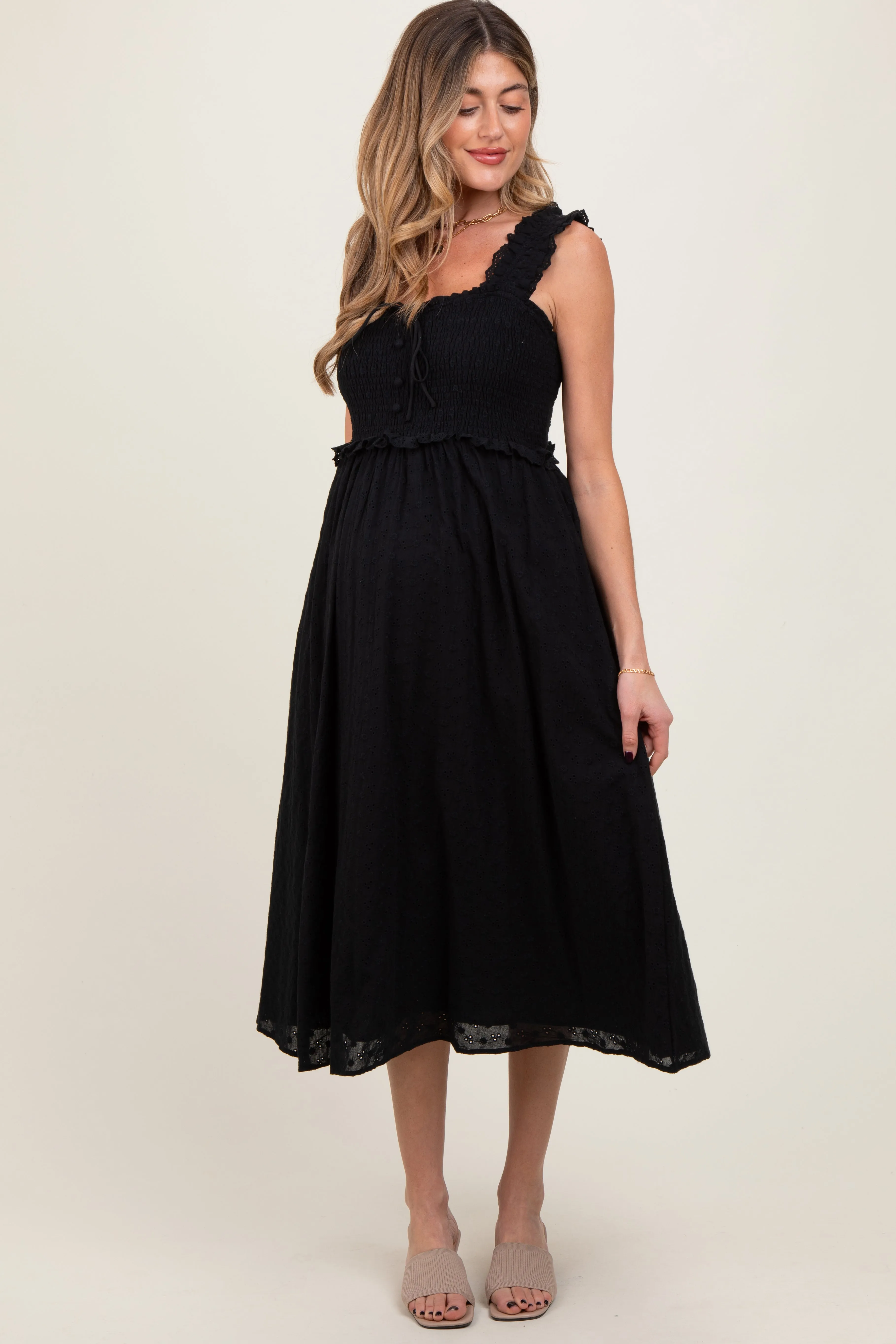 Black Eyelet Sleeveless Maternity Midi Dress sold by Pinkblush product image thumbnail 2