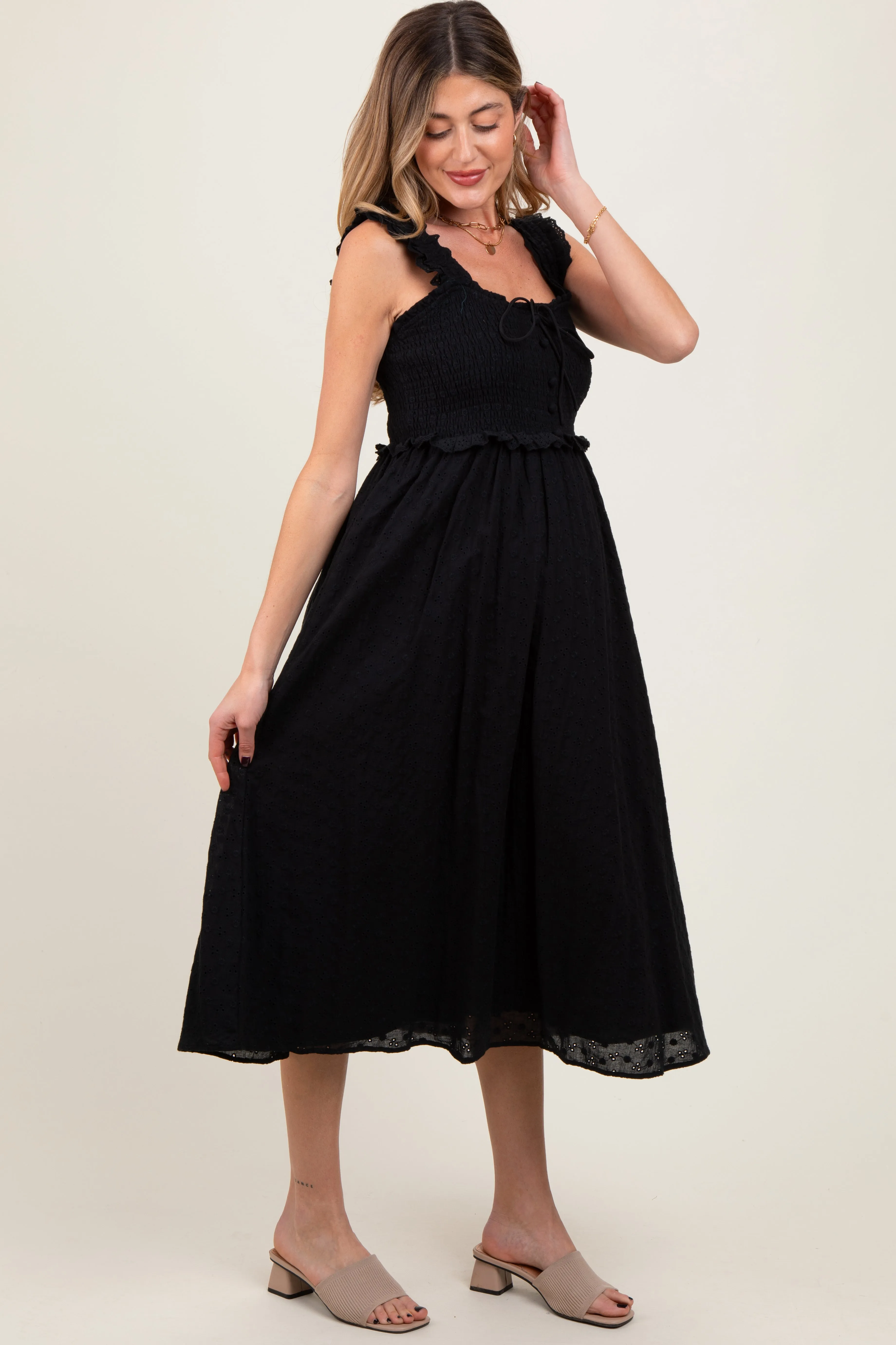 Black Eyelet Sleeveless Maternity Midi Dress sold by Pinkblush product image thumbnail 3