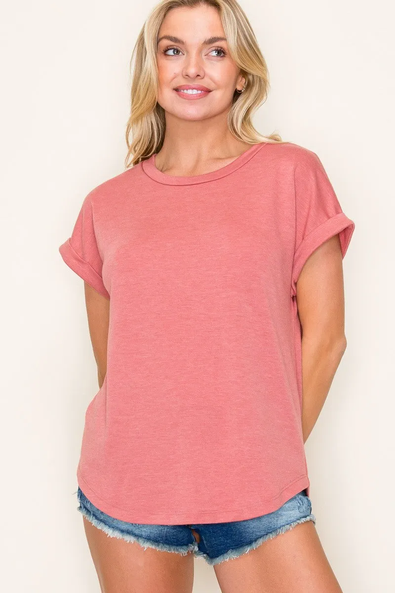 Light Coral Rolled Cuff Short Sleeve Top sold by Pinkblush product image thumbnail 2