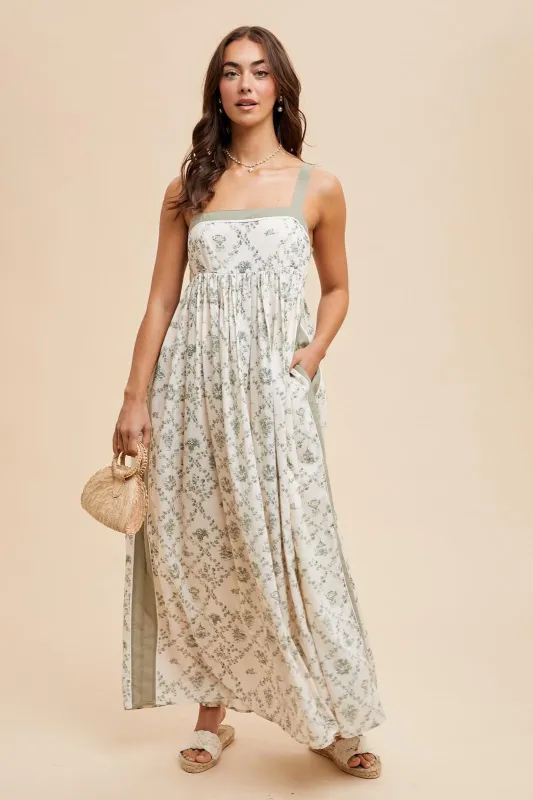 Light Olive Floral Sleeveless Side Panel Maxi Dress sold by Pinkblush