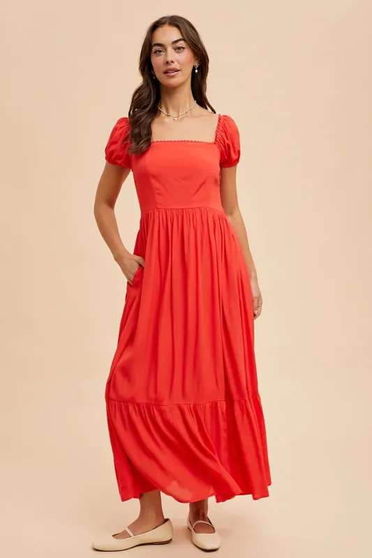 Red Ruffle Detail Square Neck Maxi Dress sold by Pinkblush