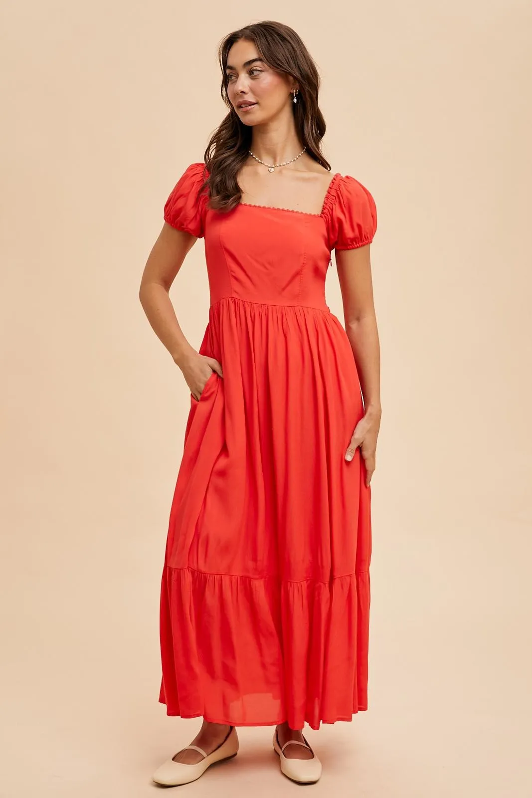 Red Ruffle Detail Square Neck Maxi Dress sold by Pinkblush product image thumbnail 2