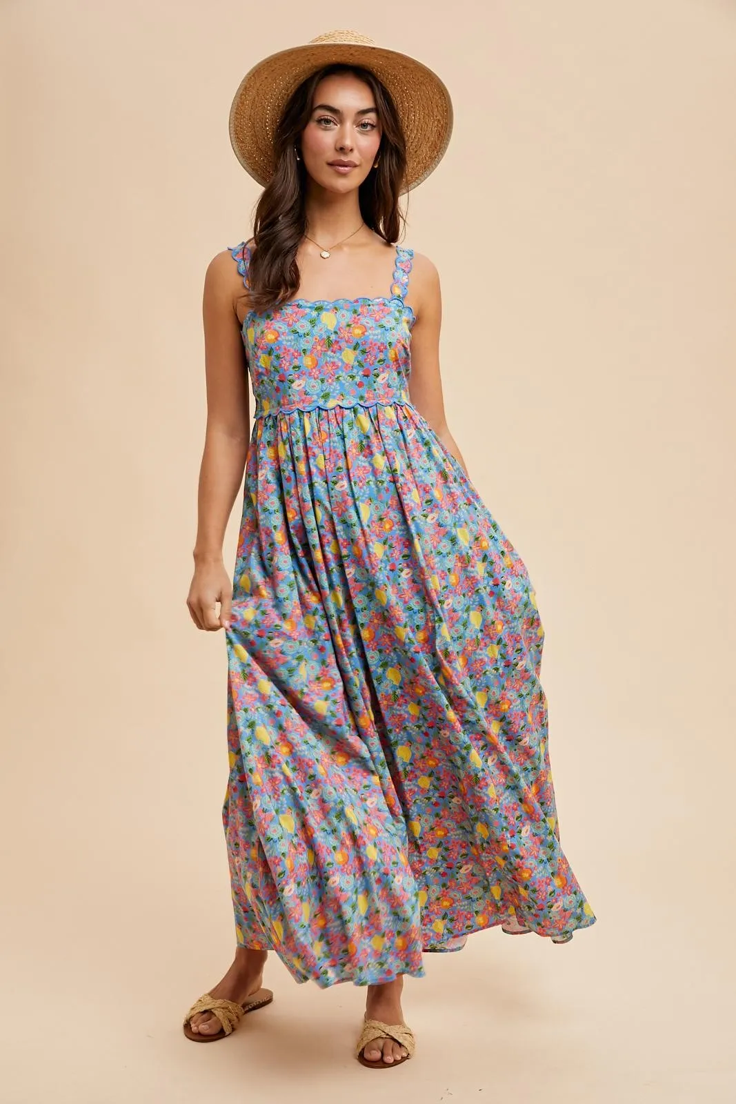 Blue Floral Scallop Detail Sleeveless Maxi Dress sold by Pinkblush product image thumbnail 3