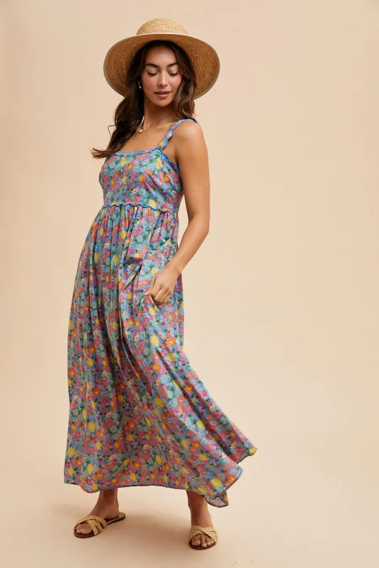 Blue Floral Scallop Detail Sleeveless Maxi Dress sold by Pinkblush