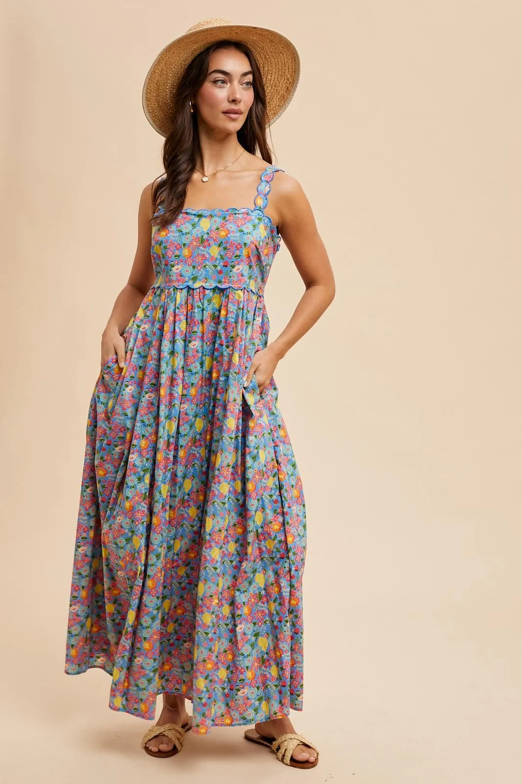 Blue Floral Scallop Detail Sleeveless Maxi Dress sold by Pinkblush product image thumbnail 2