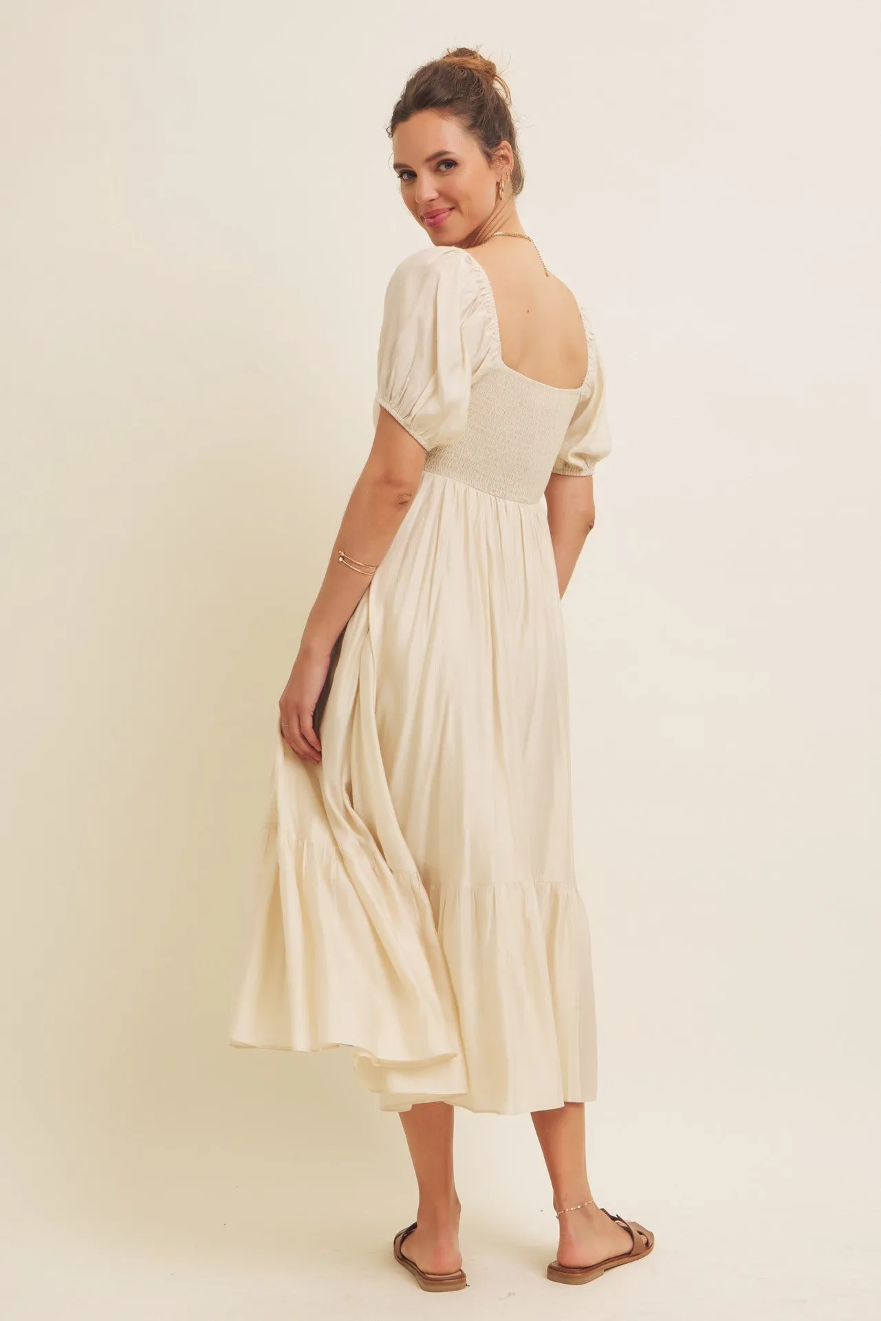 Cream Ruched Sweetheart Neck Tiered Midi Dress sold by Pinkblush product image thumbnail 4