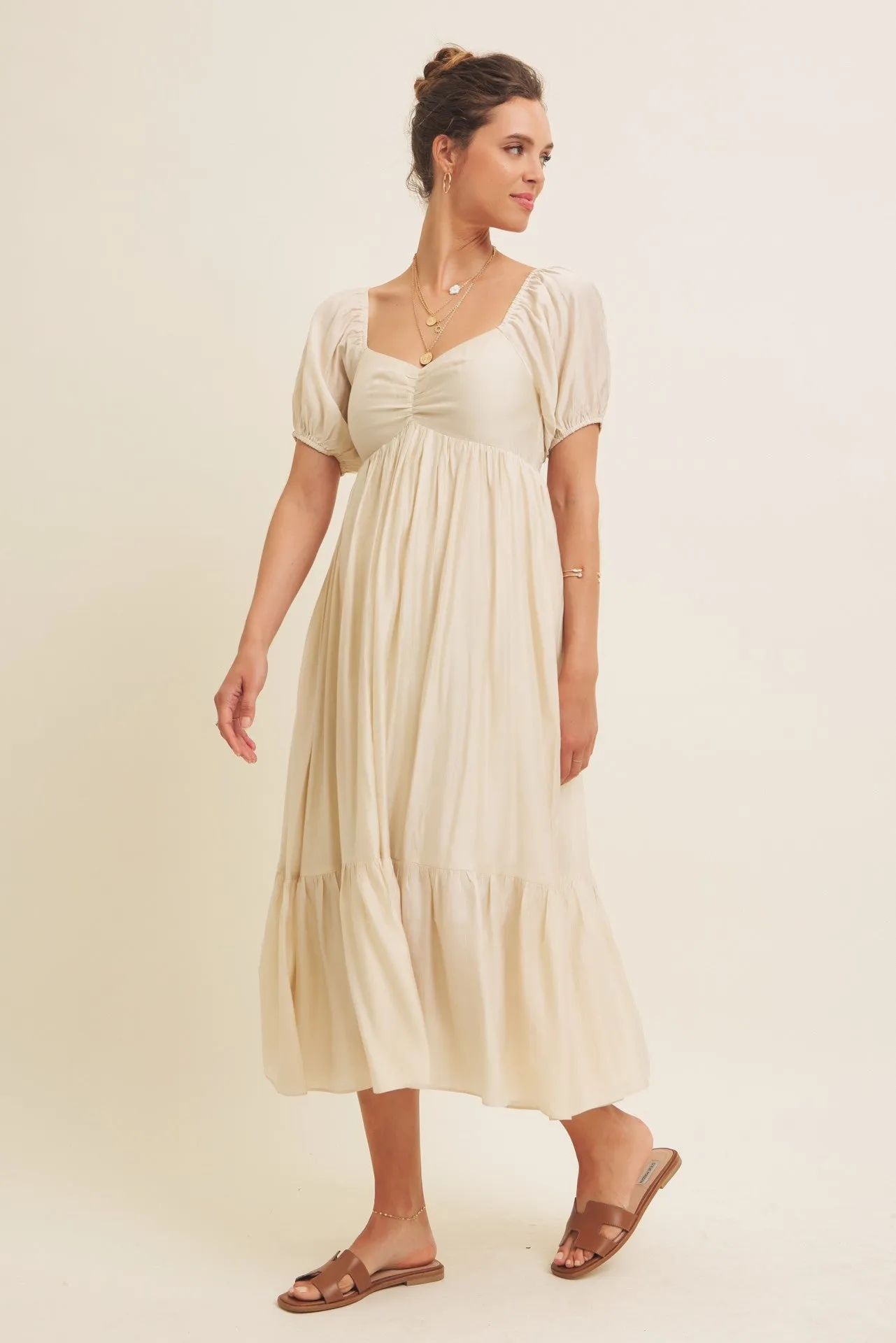 Cream Ruched Sweetheart Neck Tiered Midi Dress sold by Pinkblush product image thumbnail 2