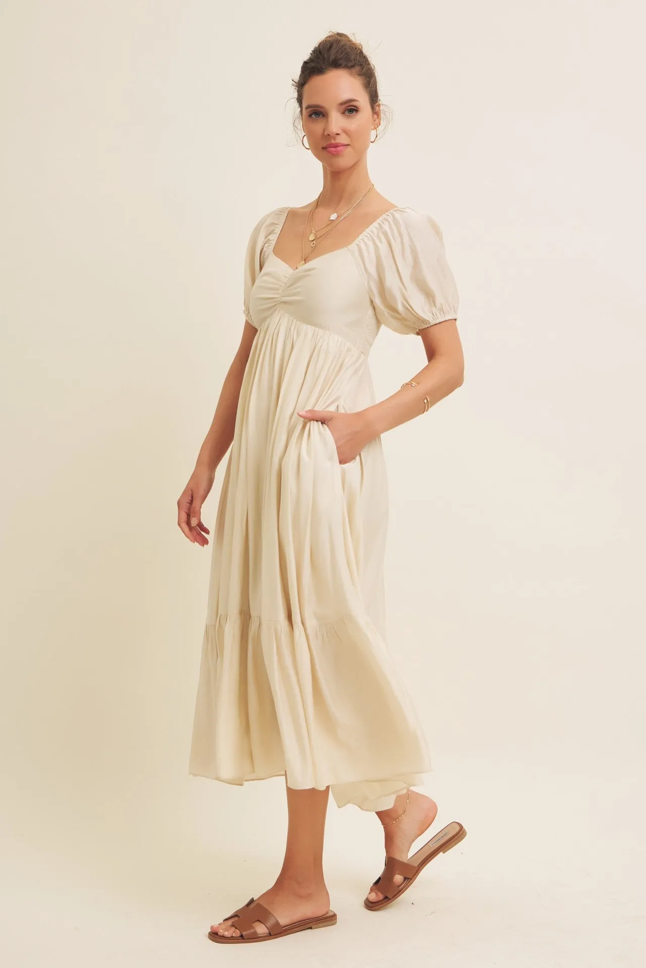 Cream Ruched Sweetheart Neck Tiered Midi Dress sold by Pinkblush product image thumbnail 3