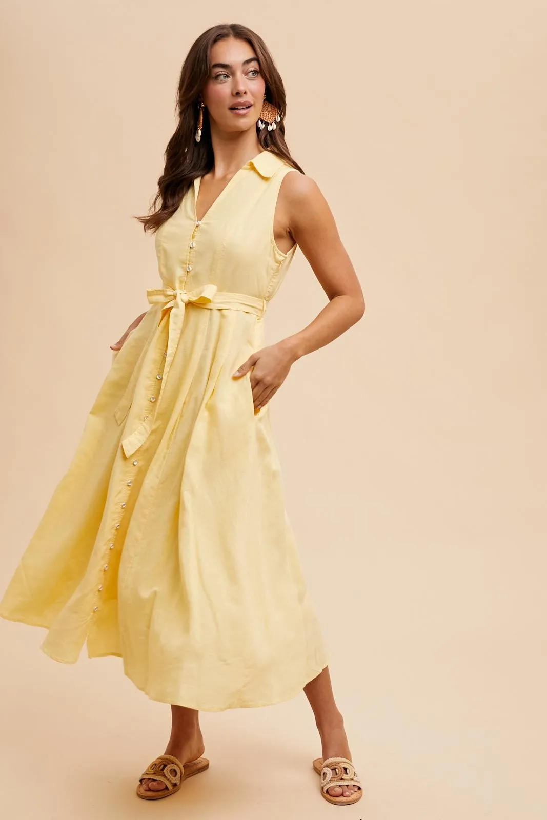 Yellow Sleeveless Linen Blend Midi Shirt Dress sold by Pinkblush product image thumbnail 3