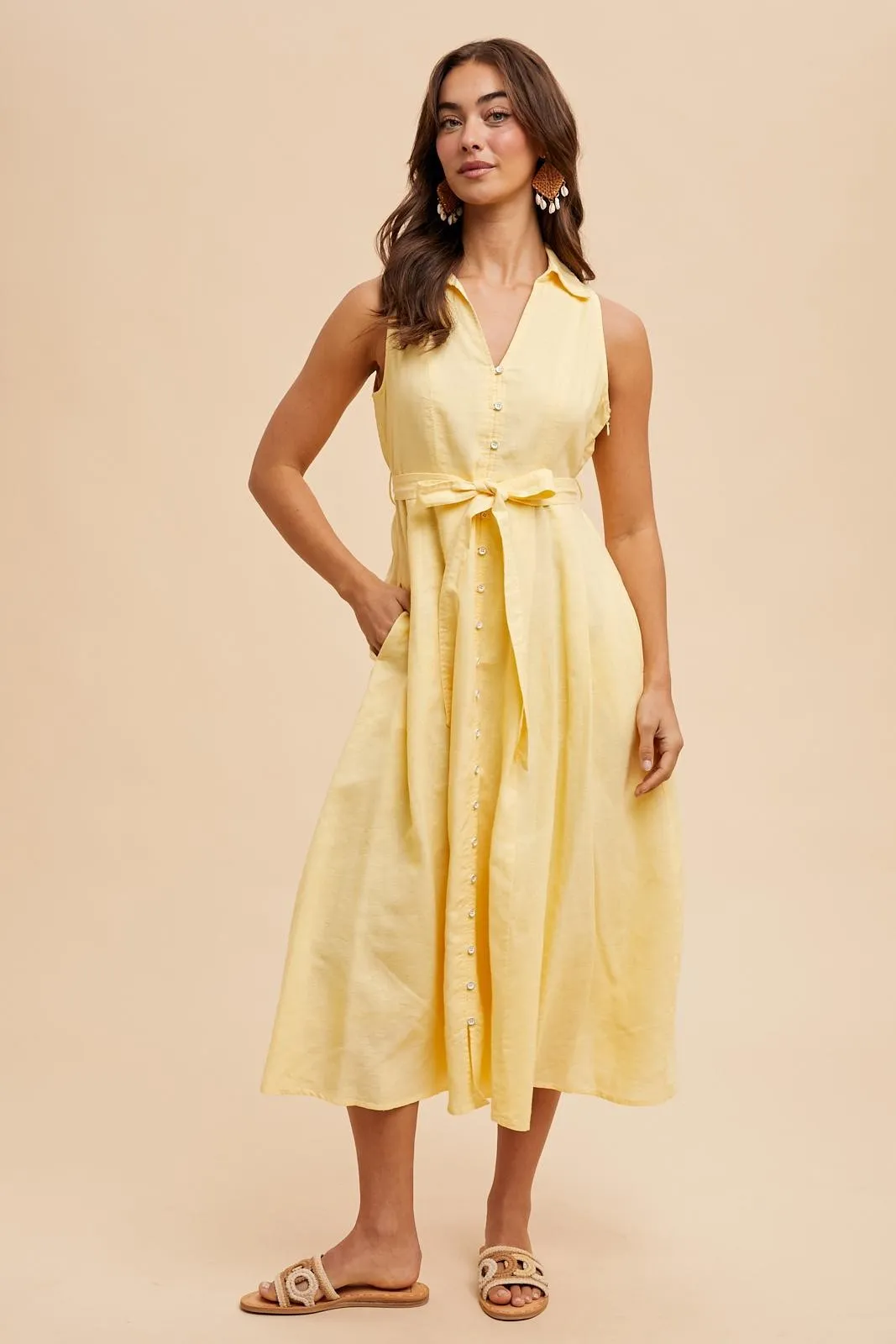 Yellow Sleeveless Linen Blend Midi Shirt Dress sold by Pinkblush
