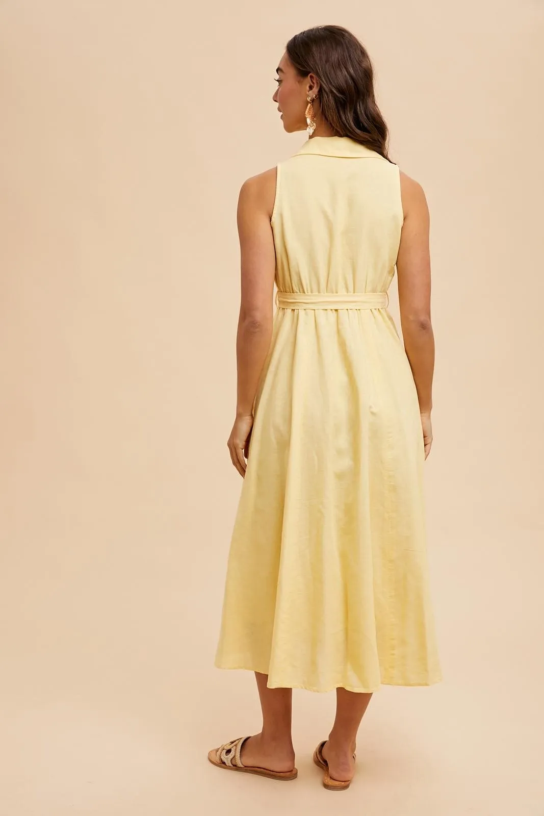 Yellow Sleeveless Linen Blend Midi Shirt Dress sold by Pinkblush product image thumbnail 5