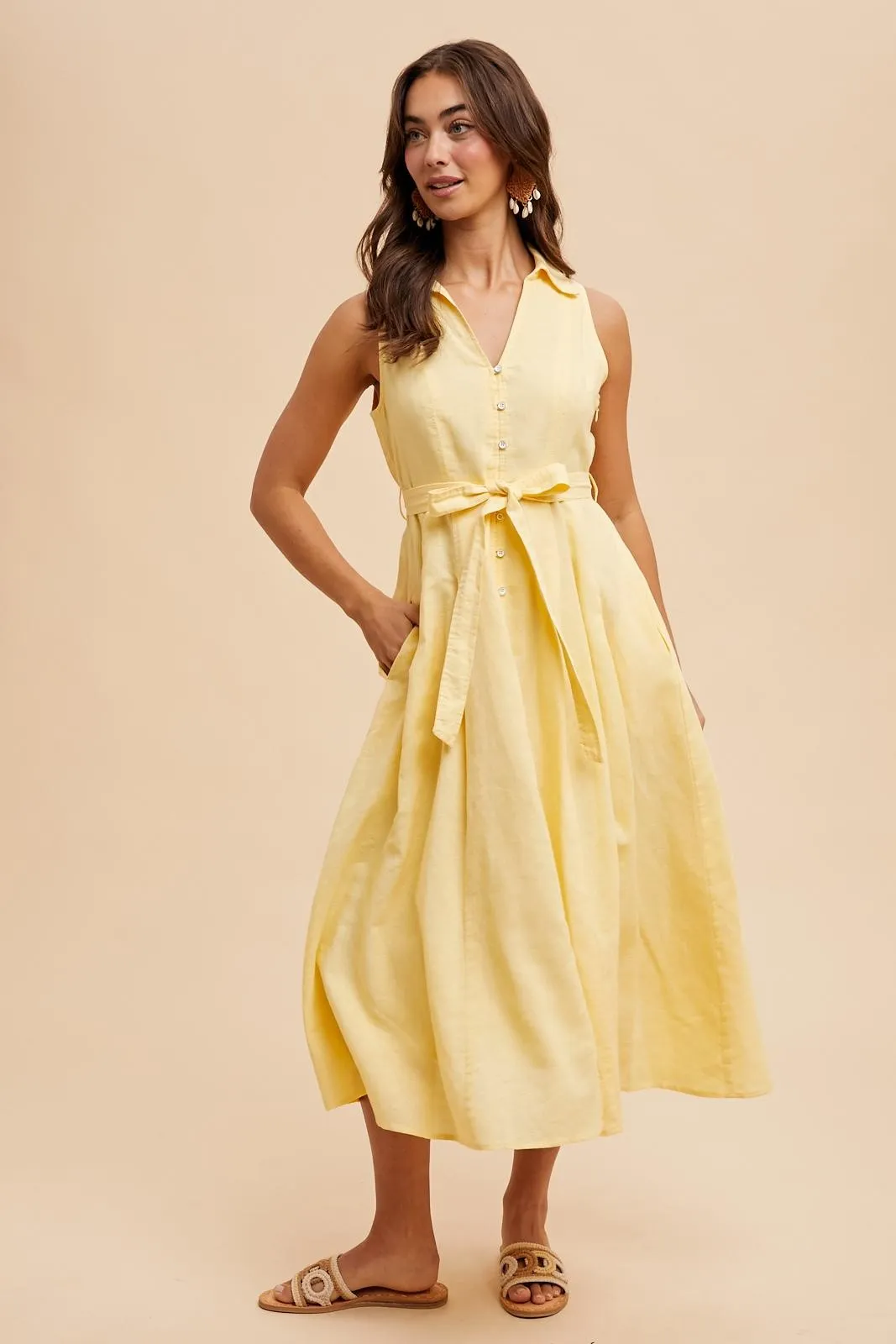 Yellow Sleeveless Linen Blend Midi Shirt Dress sold by Pinkblush product image thumbnail 2