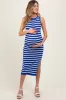 Royal Blue Striped Knit Sleeveless Side Slit Maternity Midi Dress sold by Pinkblush