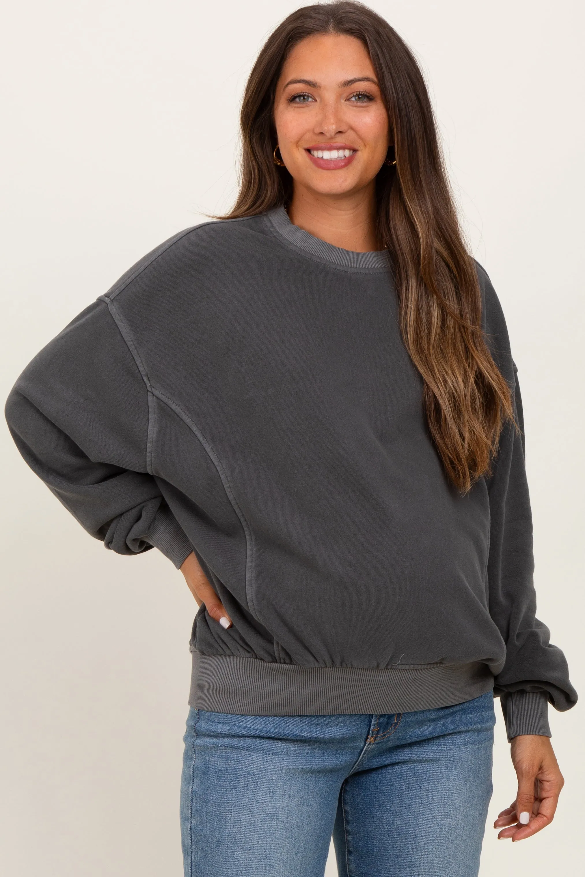 Charcoal Fleece Drop Shoulder Maternity Sweatshirt sold by Pinkblush