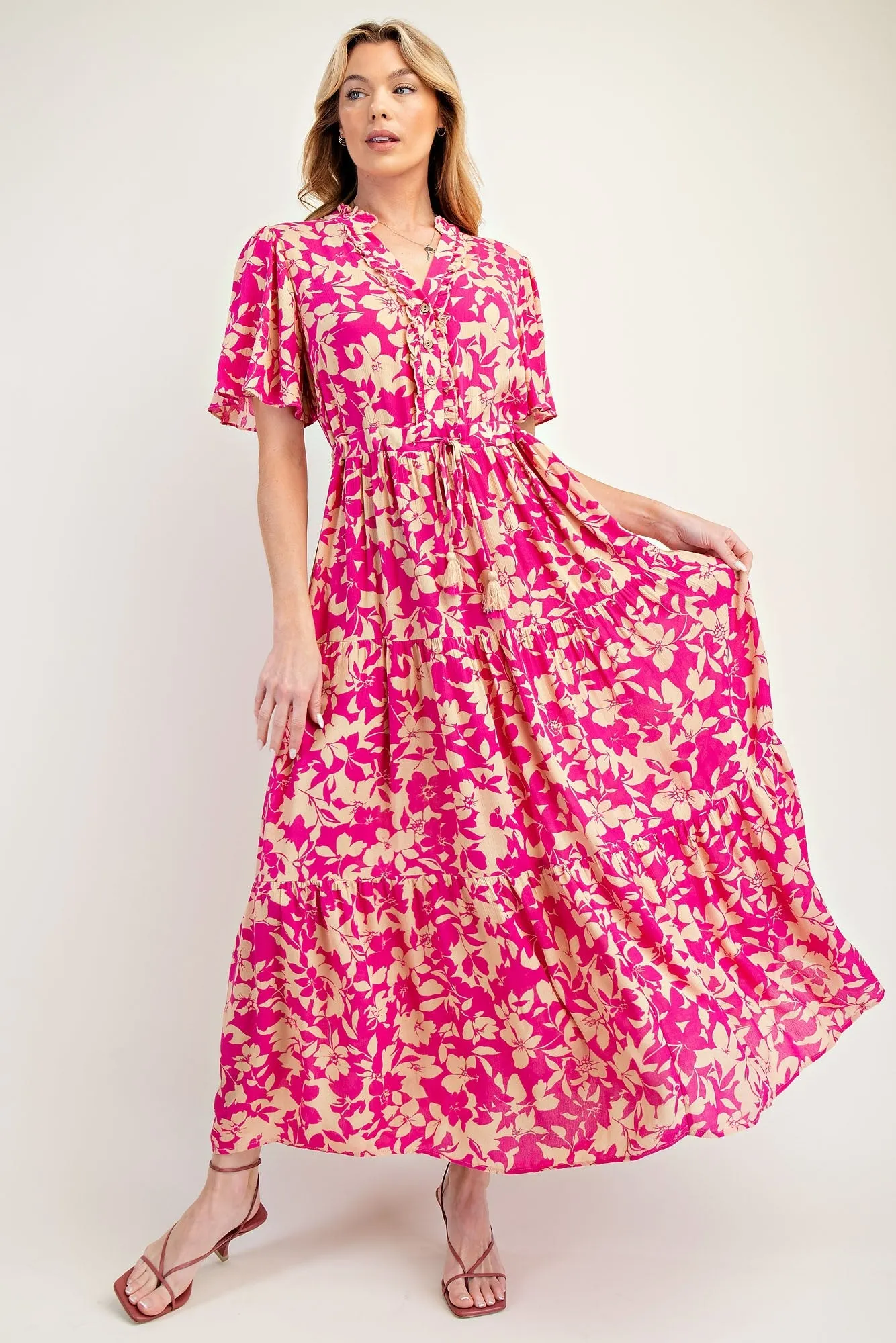 Fuchsia Button Ruffle Detail Maxi Dress sold by Pinkblush