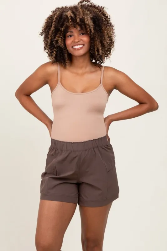 Brown Elastic Cargo Maternity Shorts sold by Pinkblush
