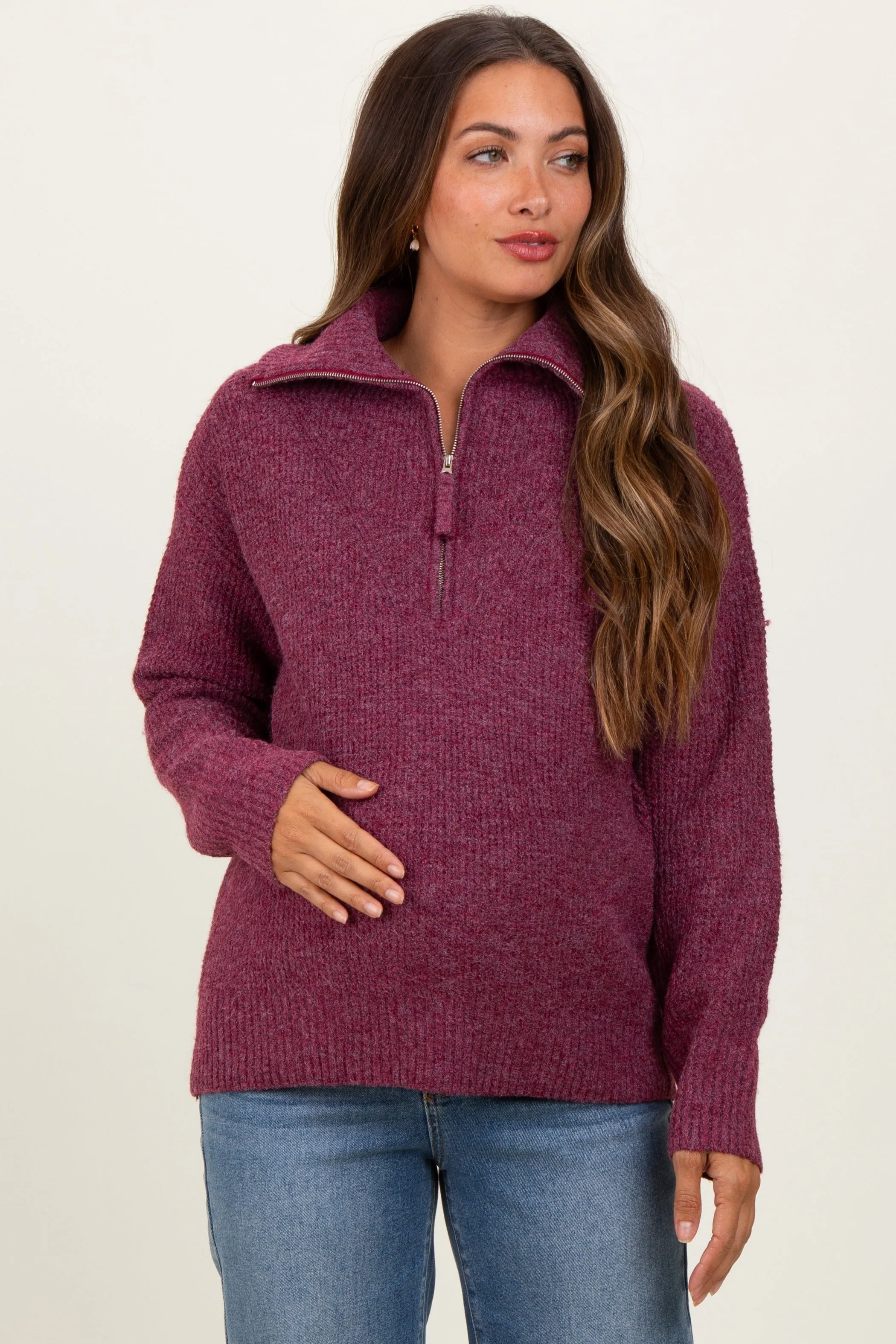 Burgundy Half Zip Maternity Pullover Sweater sold by Pinkblush