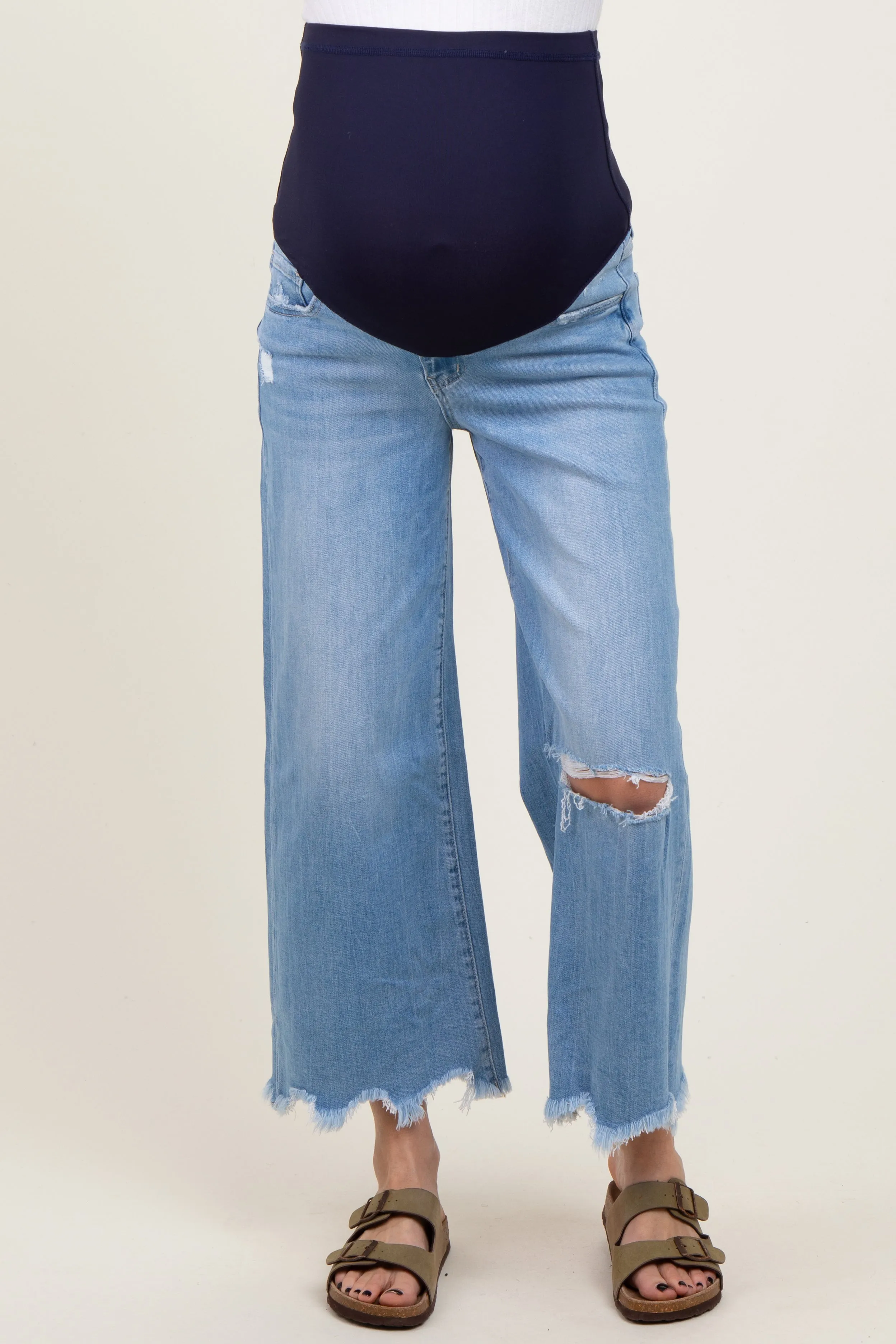 Light Blue Distressed Hem Open Knee Cropped Wide Leg Maternity Jeans sold by Pinkblush product image thumbnail 3