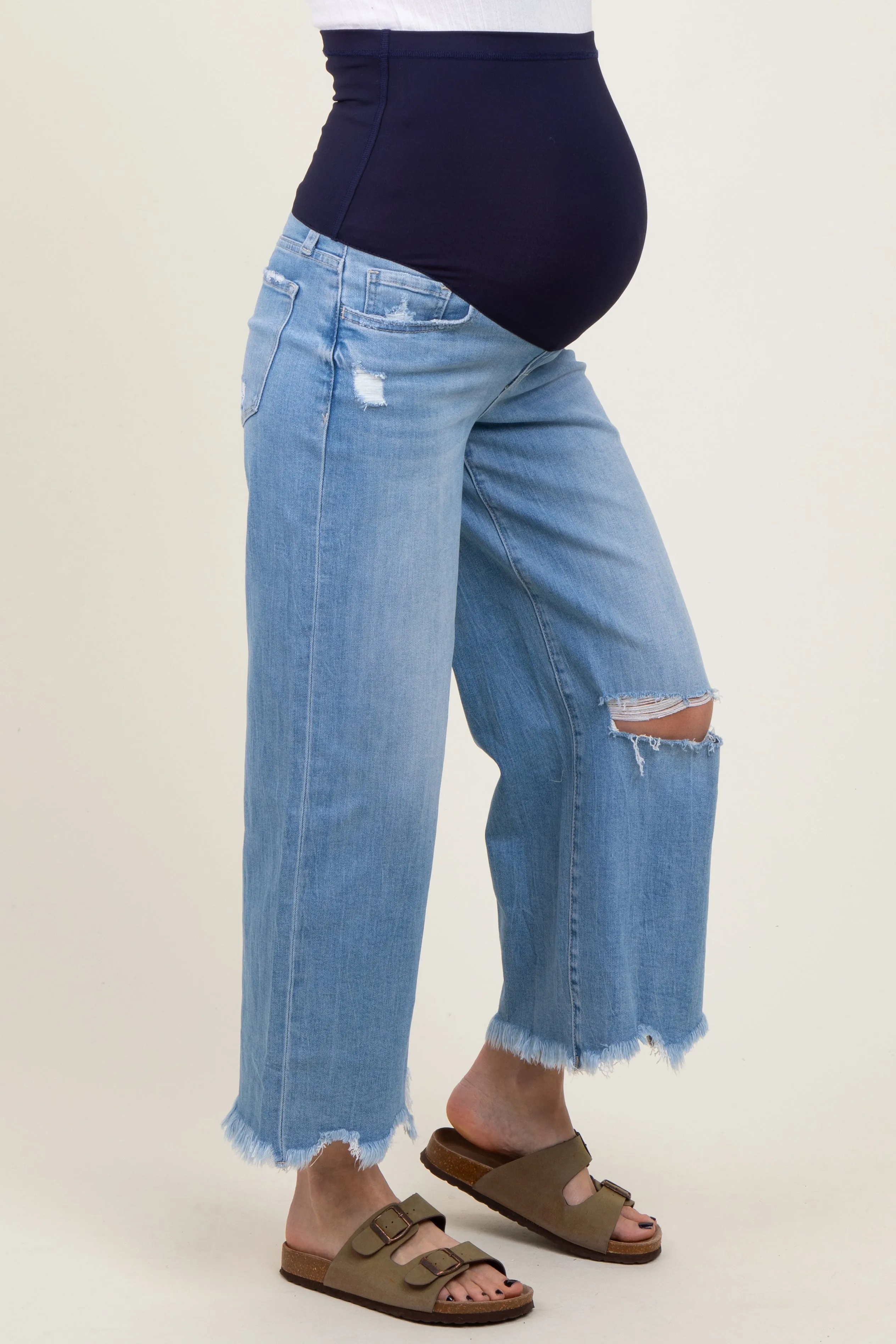 Light Blue Distressed Hem Open Knee Cropped Wide Leg Maternity Jeans sold by Pinkblush product image thumbnail 4