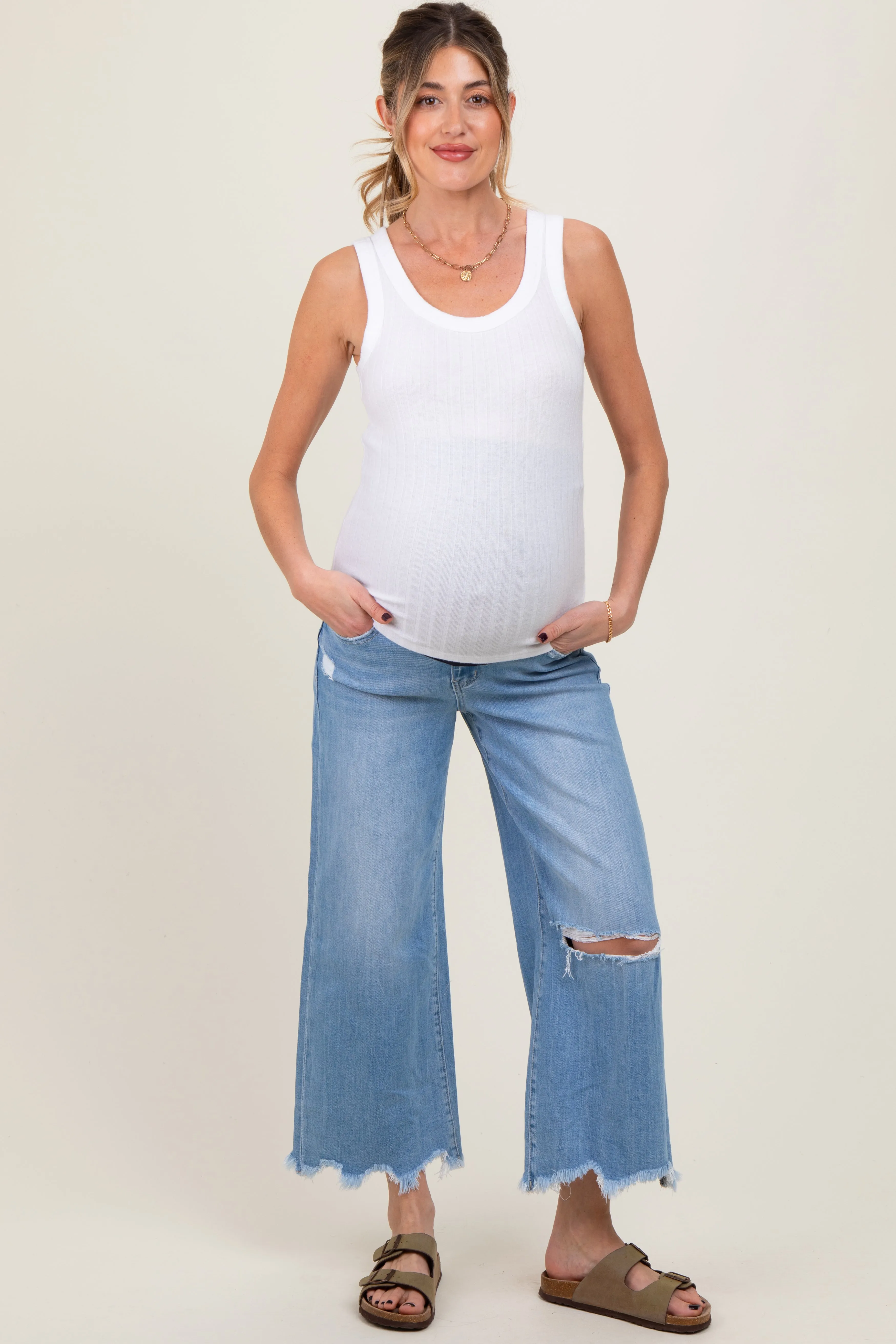 Light Blue Distressed Hem Open Knee Cropped Wide Leg Maternity Jeans sold by Pinkblush