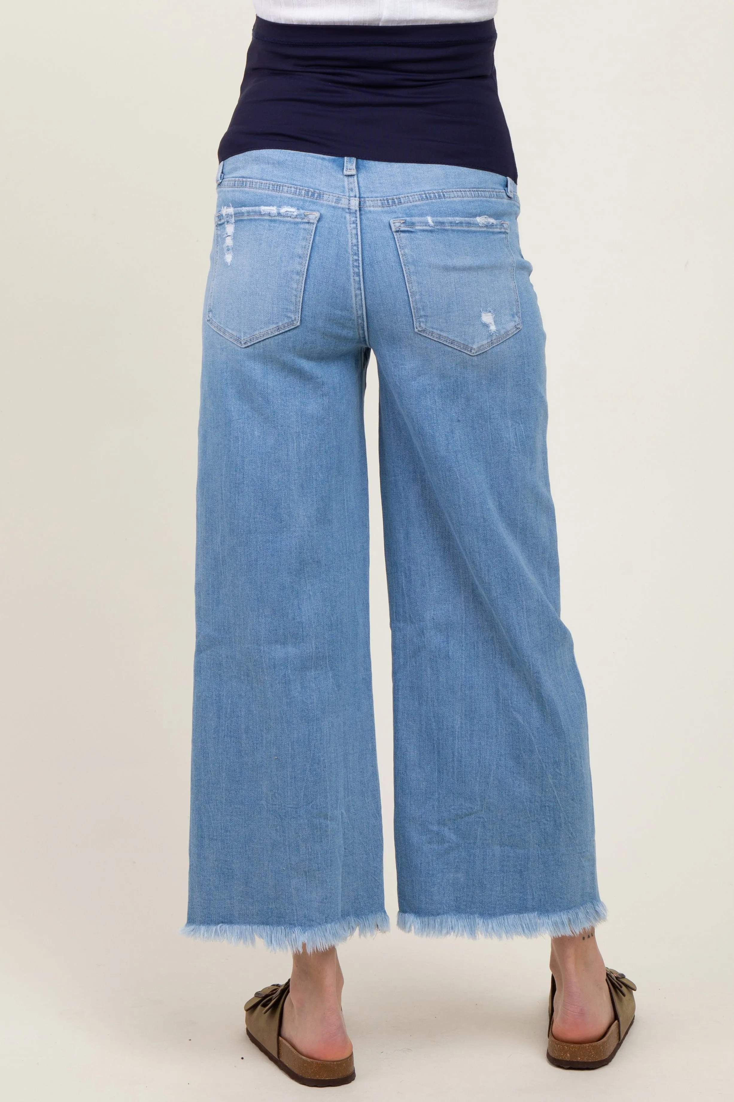 Light Blue Distressed Hem Open Knee Cropped Wide Leg Maternity Jeans sold by Pinkblush product image thumbnail 5