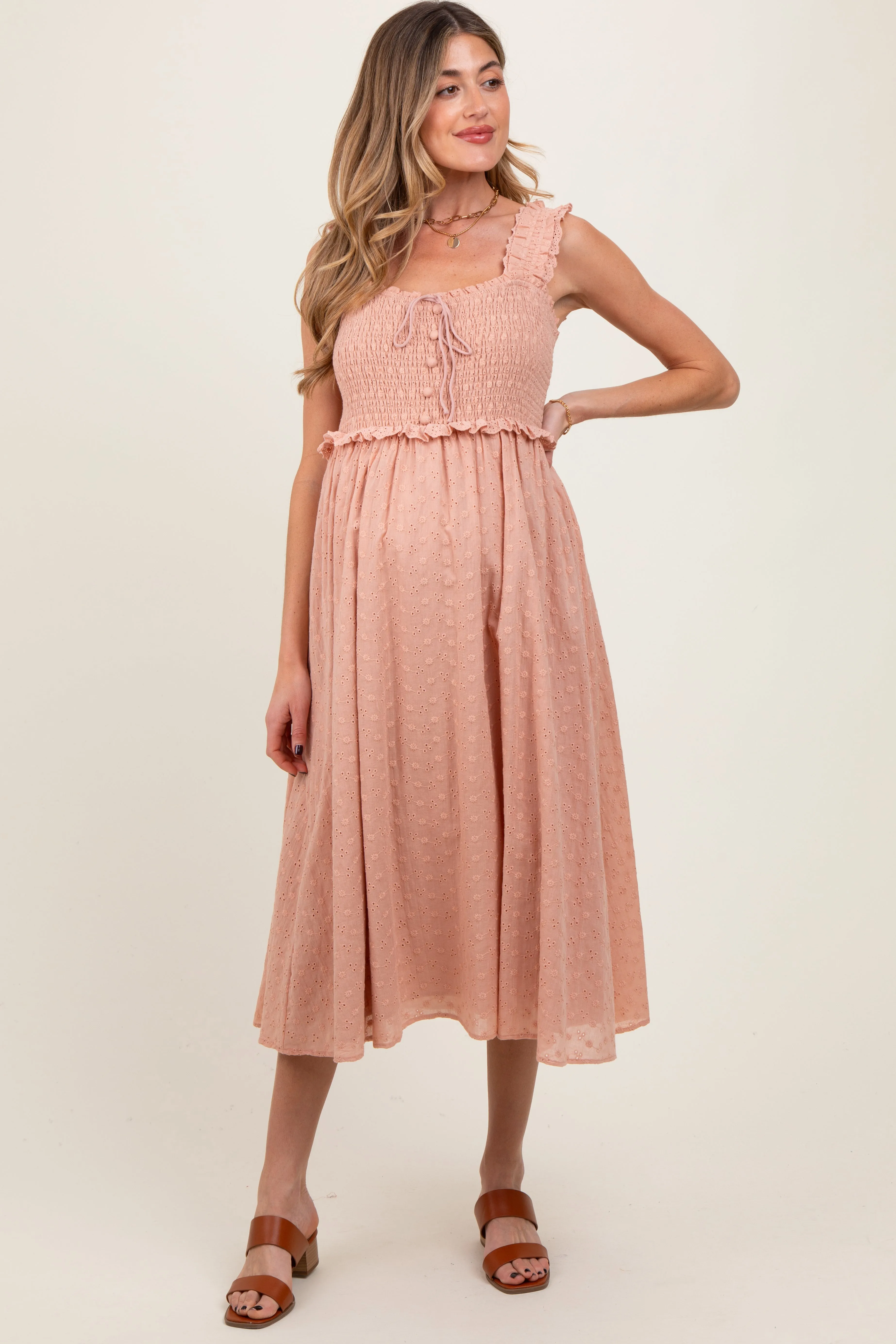Peach Eyelet Sleeveless Maternity Midi Dress sold by Pinkblush