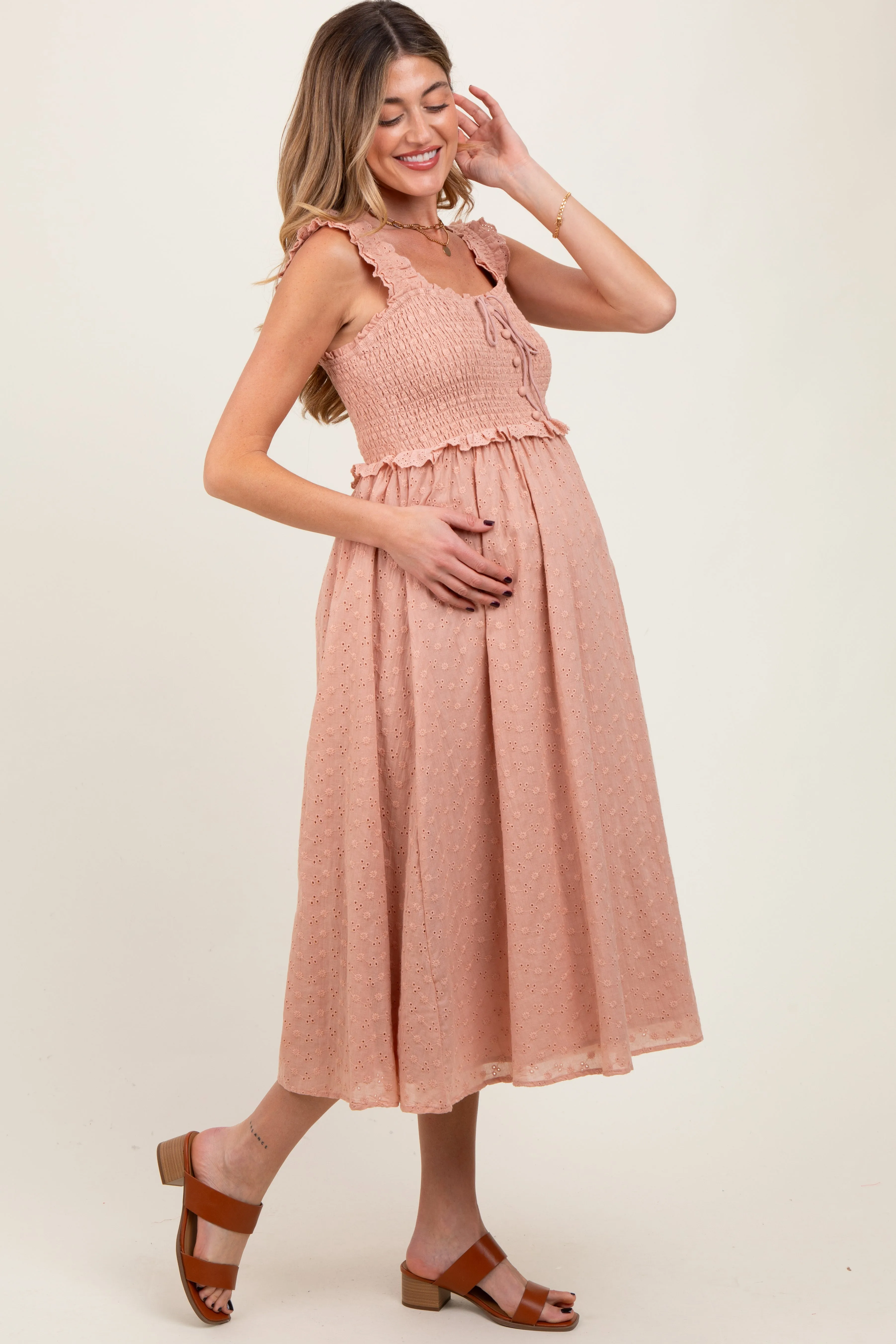 Peach Eyelet Sleeveless Maternity Midi Dress sold by Pinkblush product image thumbnail 2