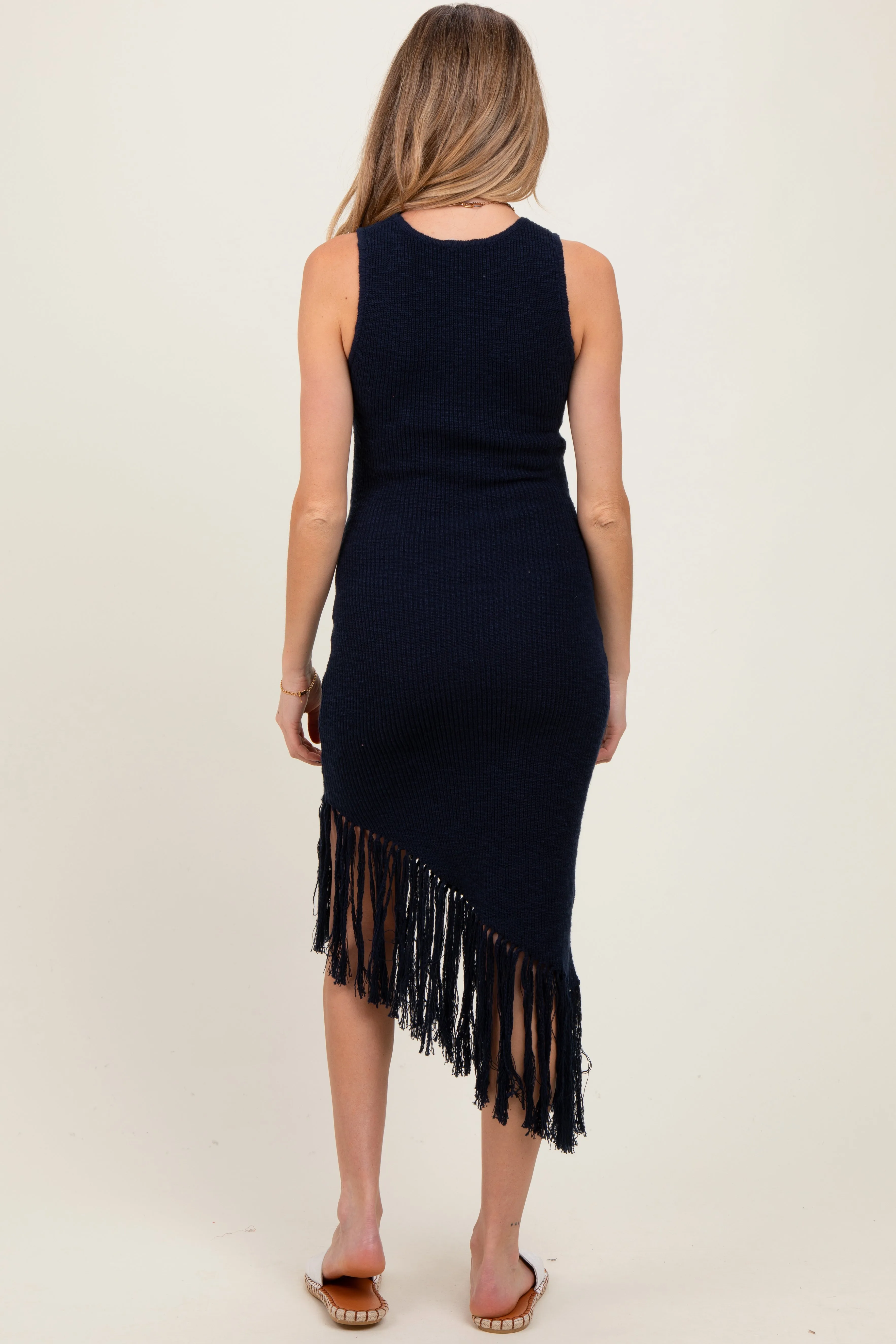 Navy Ribbed Knit Fringe Asymmetrical Hem Maternity Dress sold by Pinkblush product image thumbnail 4
