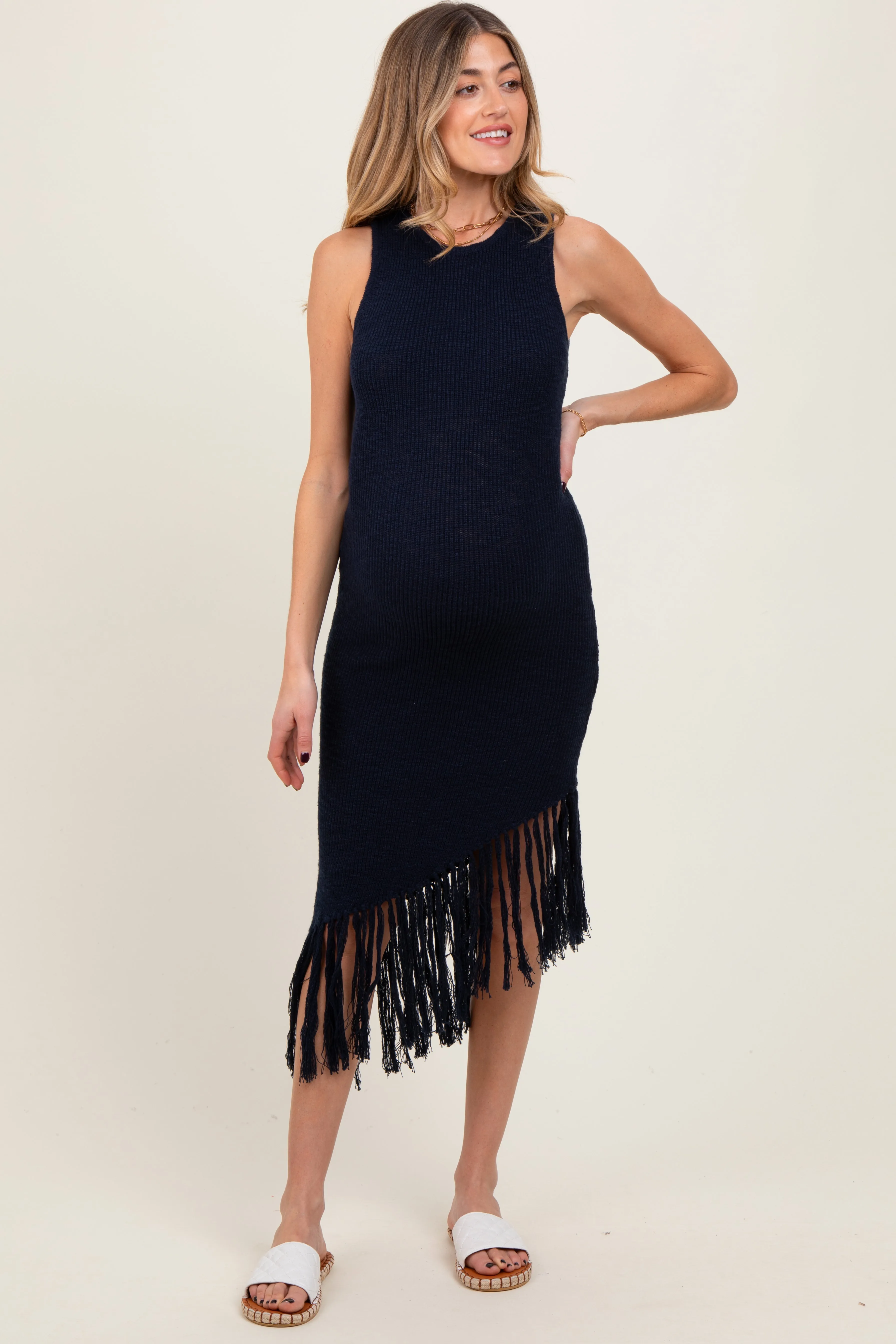 Navy Ribbed Knit Fringe Asymmetrical Hem Maternity Dress sold by Pinkblush