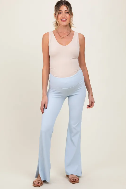 Light Blue Ribbed Split Flare Maternity Leggings sold by Pinkblush