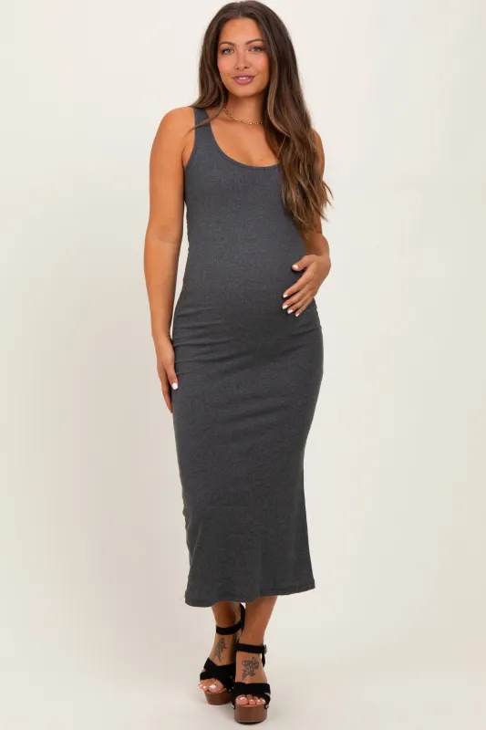 Charcoal Ribbed Basic Maternity Maxi Dress sold by Pinkblush