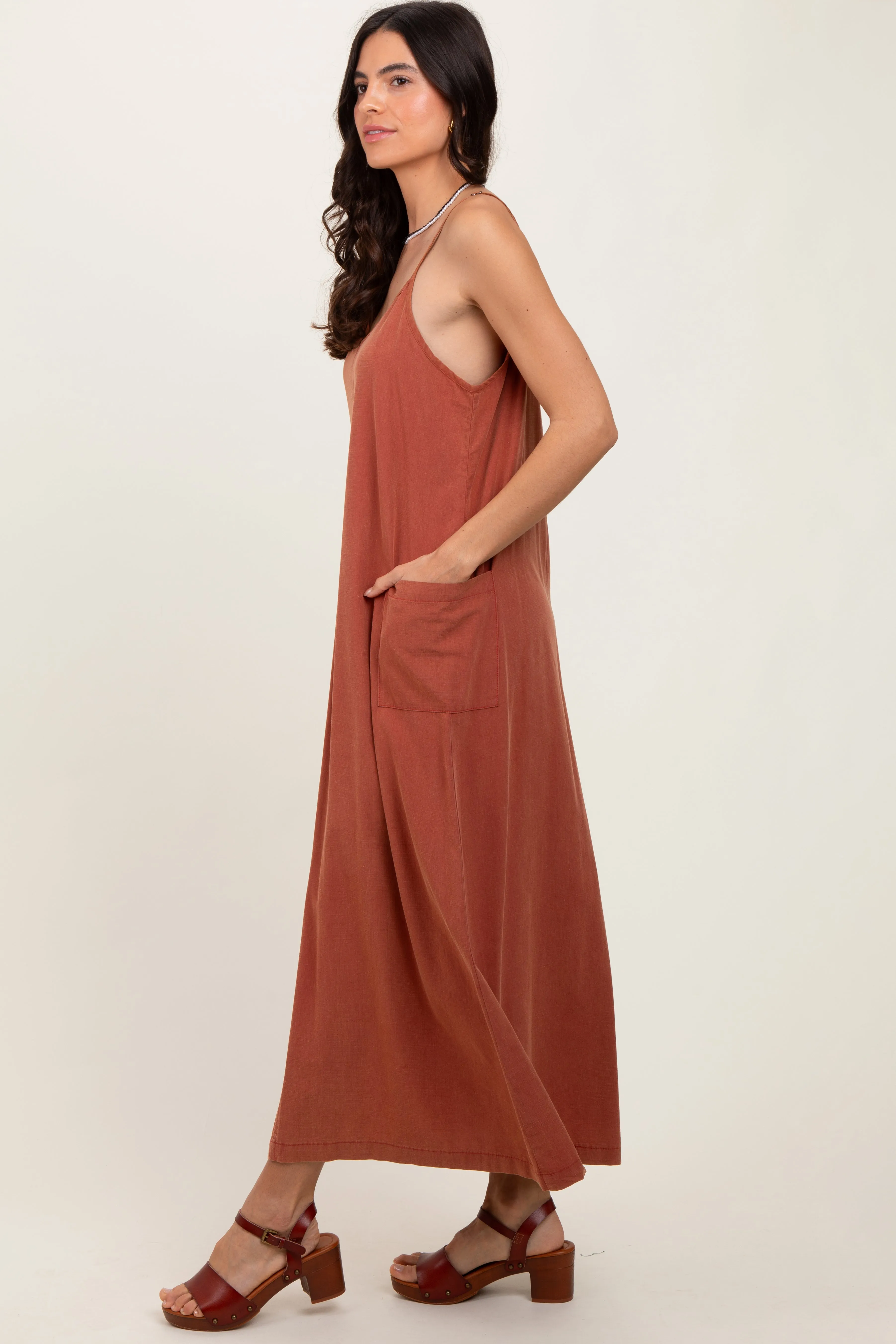 Rust V-Neck Overall Midi Dress sold by Pinkblush product image thumbnail 2