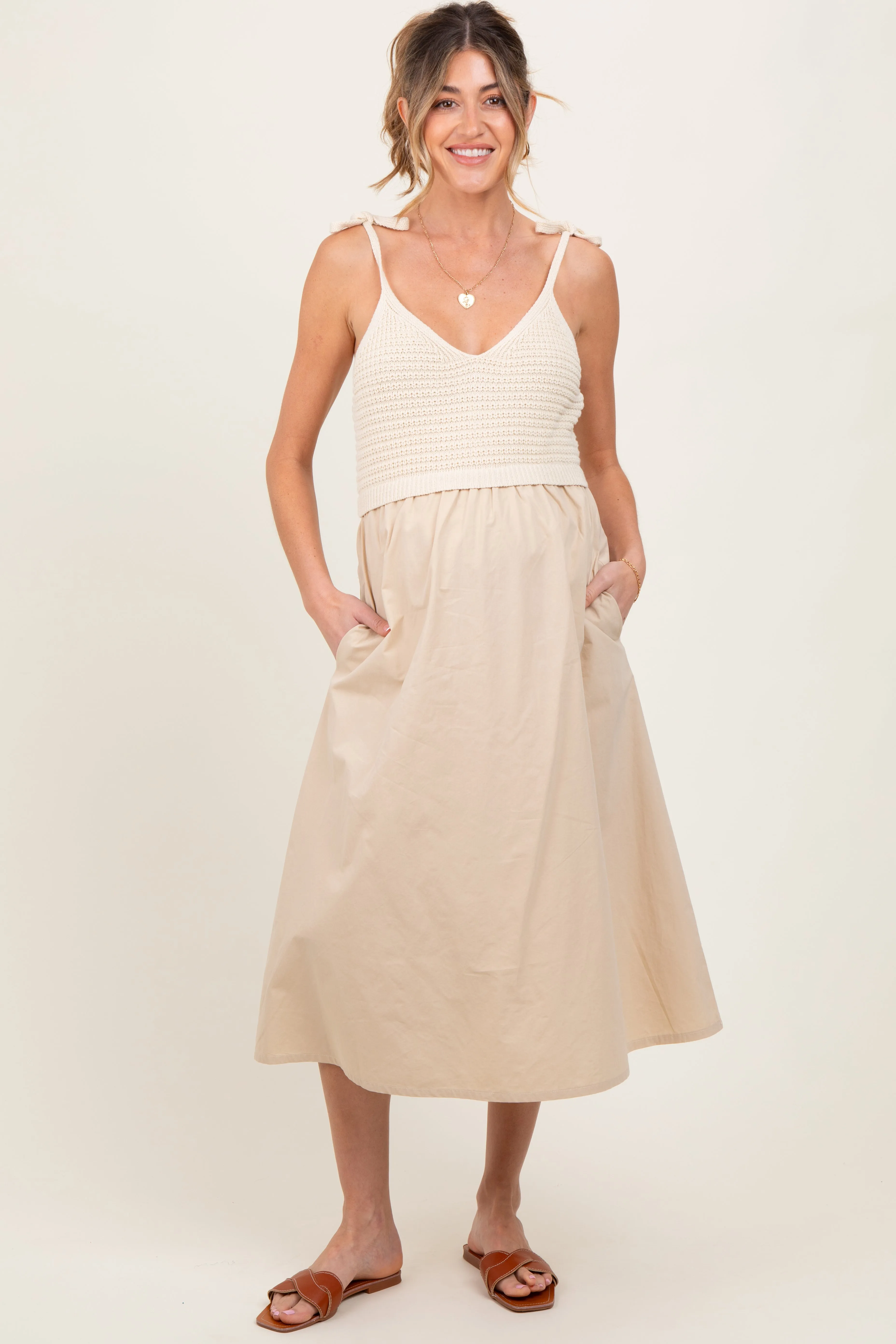 Cream Contrast Knit Bodice Maternity Midi Dress sold by Pinkblush