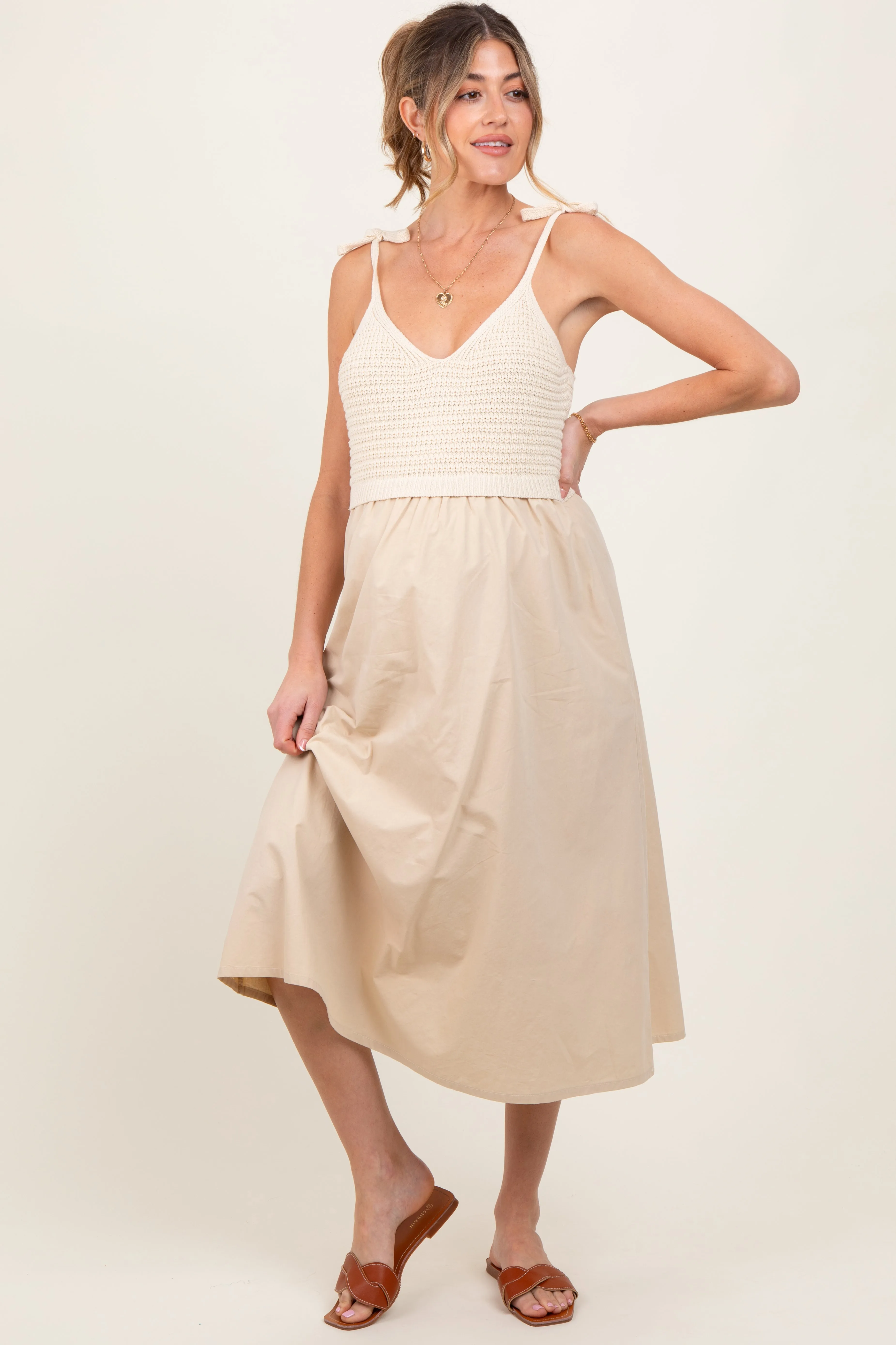Cream Contrast Knit Bodice Maternity Midi Dress sold by Pinkblush product image thumbnail 2
