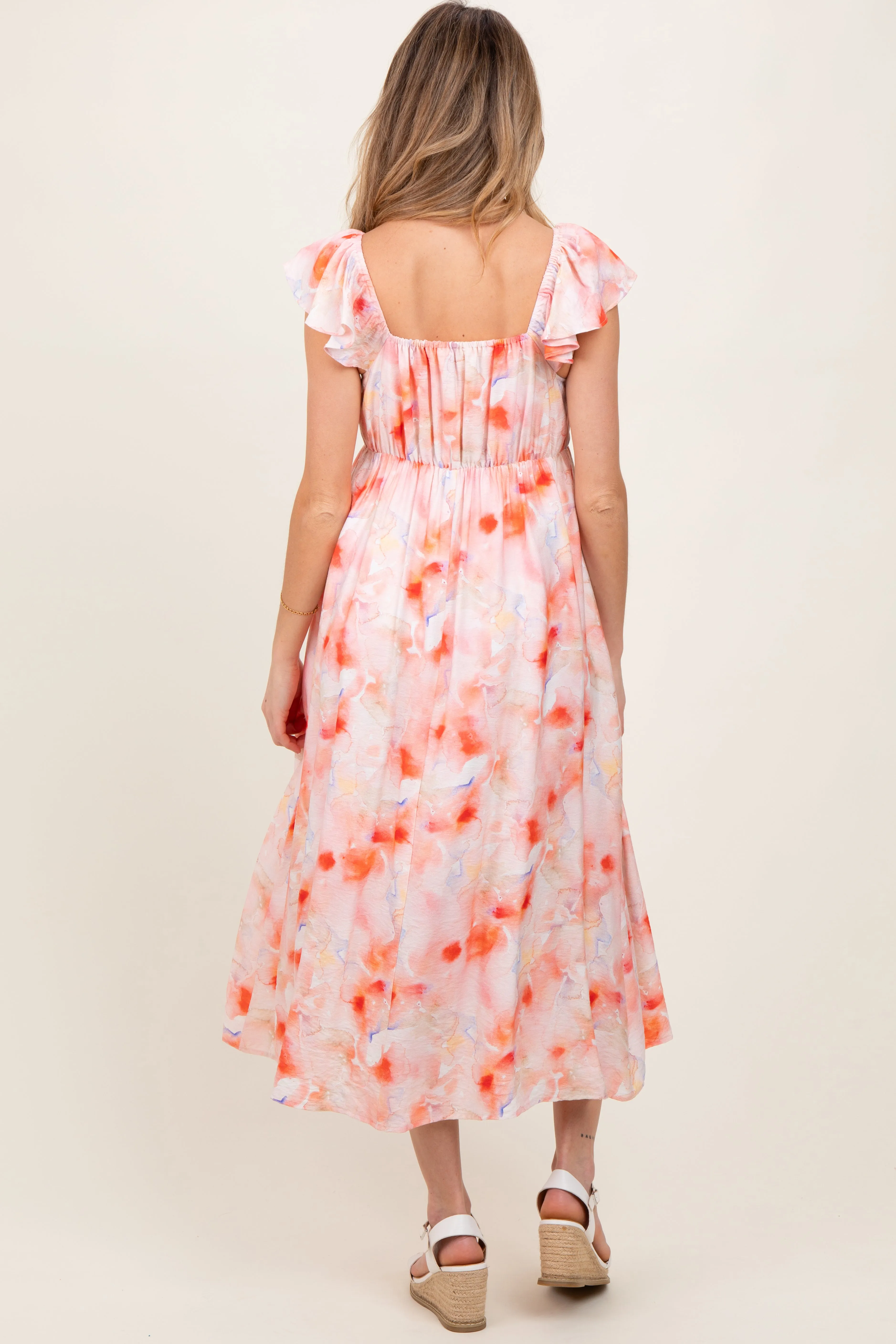Coral Watercolor Floral Flutter Sleeve Maternity Midi Dress sold by Pinkblush product image thumbnail 4