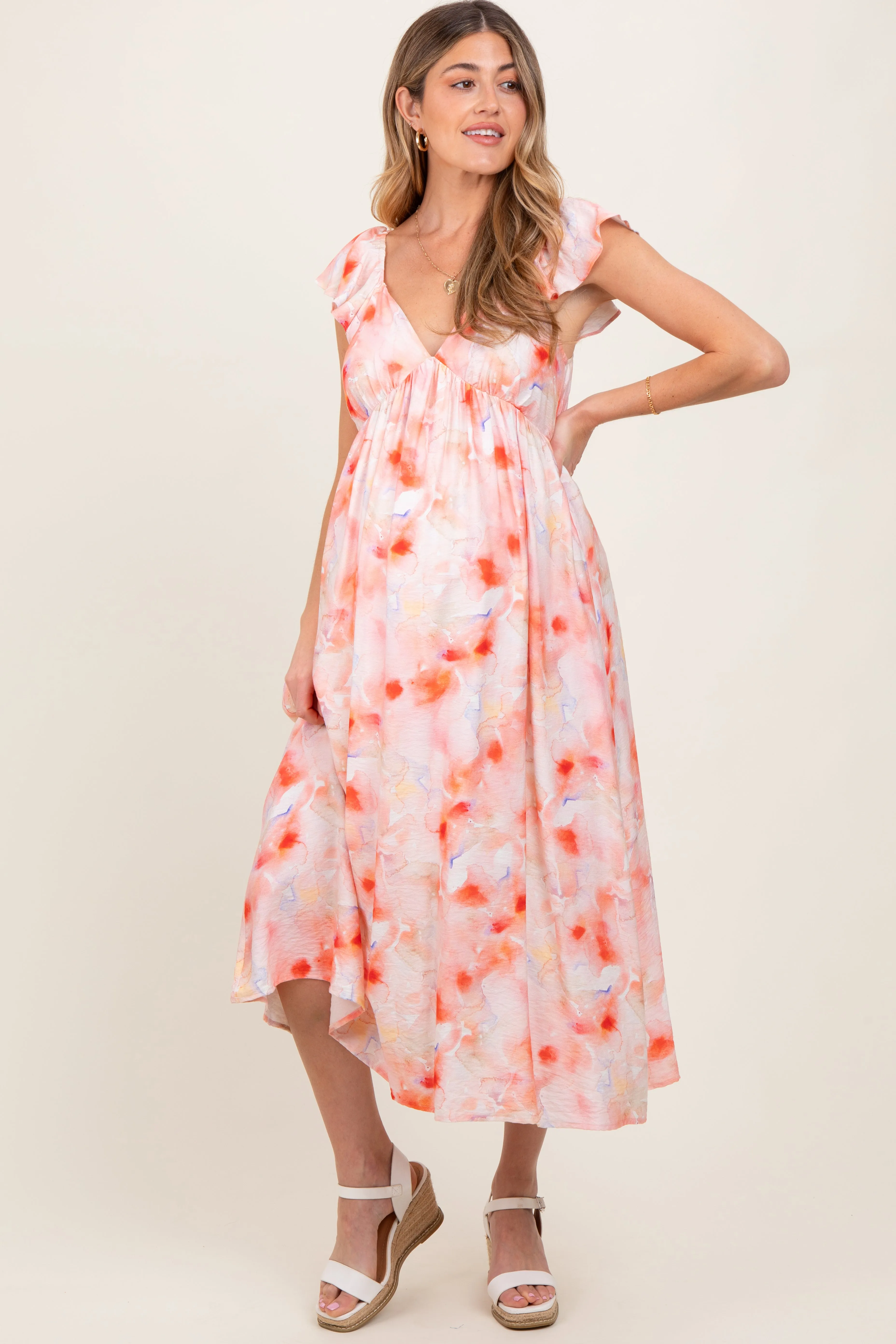 Coral Watercolor Floral Flutter Sleeve Maternity Midi Dress sold by Pinkblush product image thumbnail 2