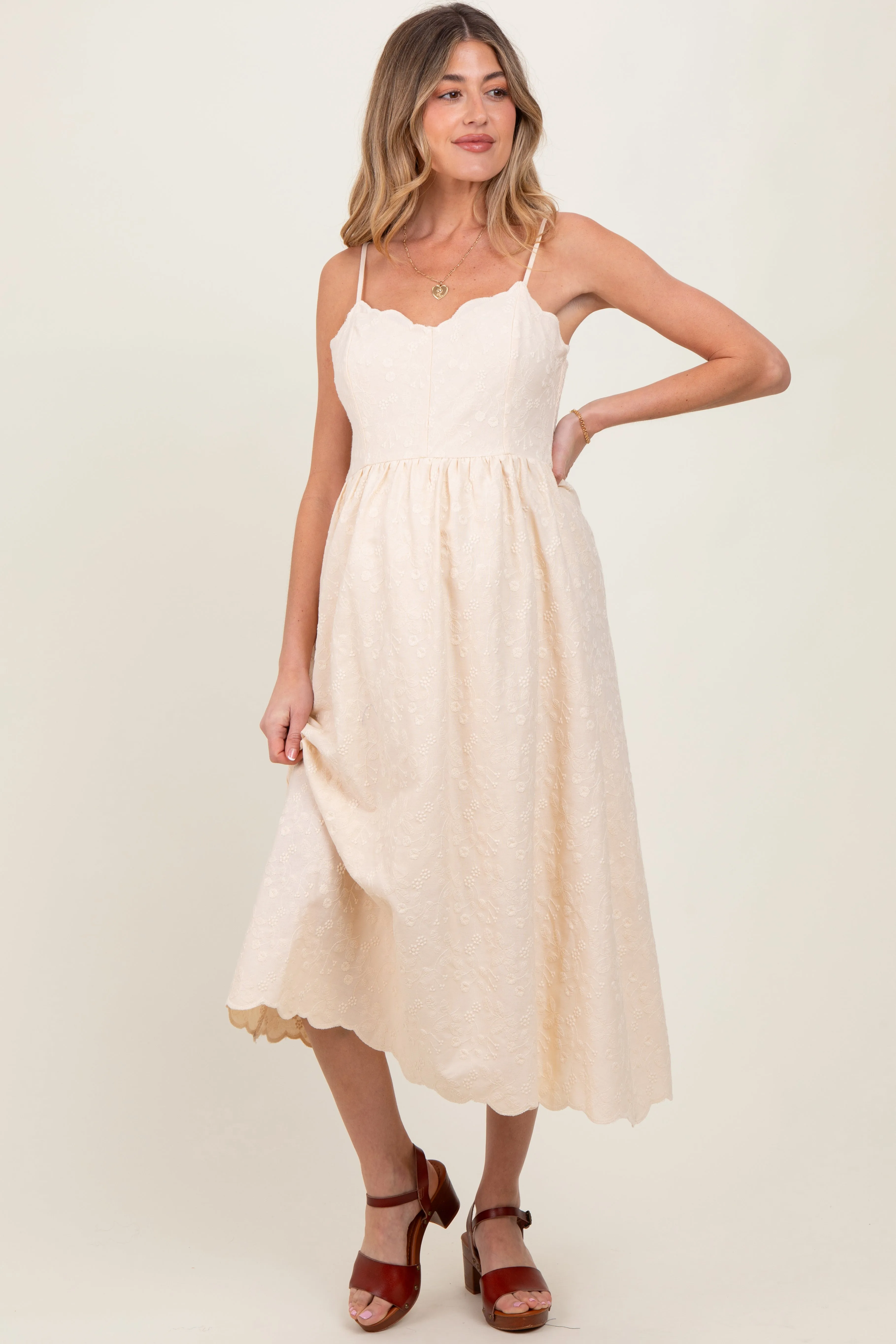 Cream Floral Embroidered Scallop Detail Maternity Midi Dress sold by Pinkblush