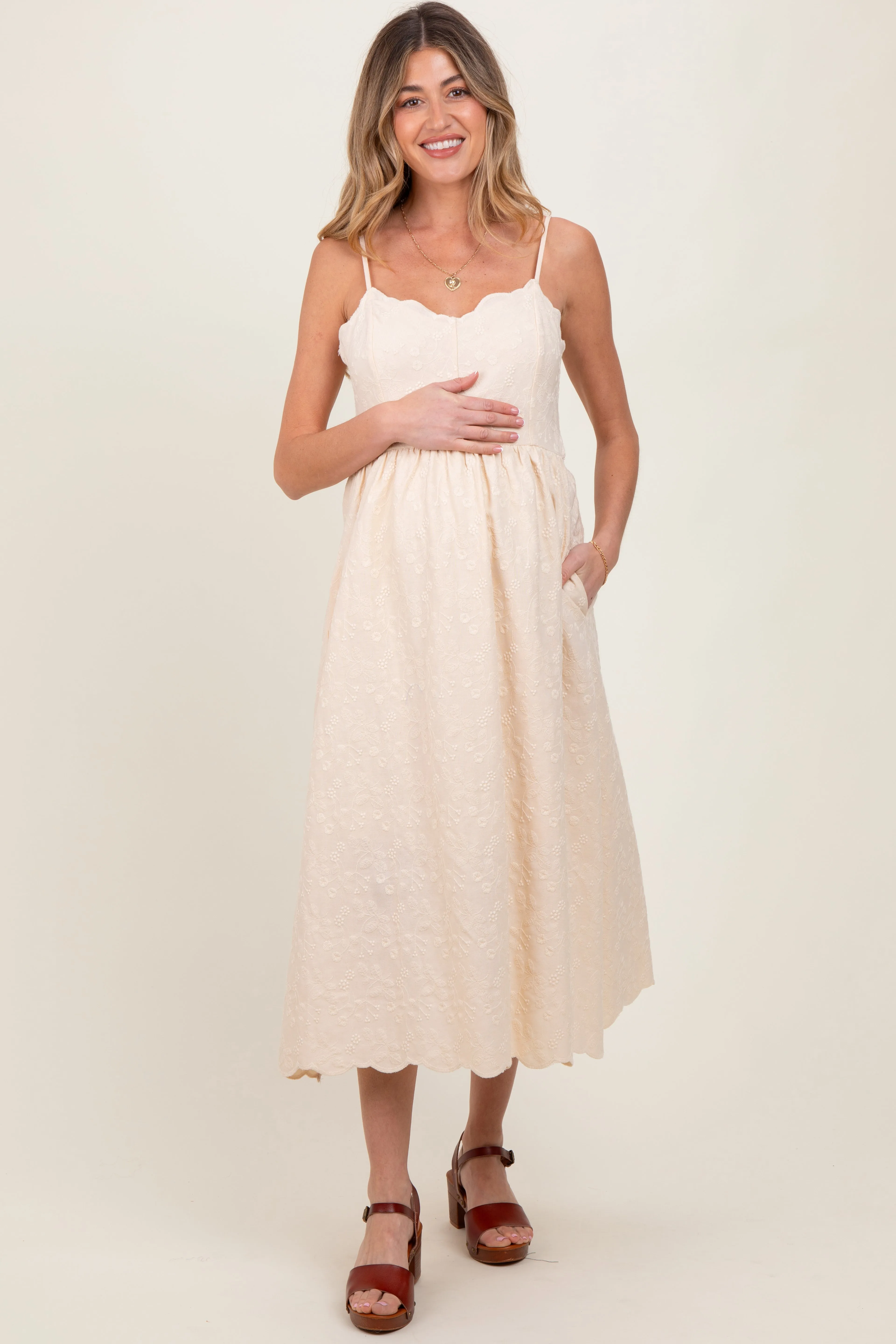 Cream Floral Embroidered Scallop Detail Maternity Midi Dress sold by Pinkblush product image thumbnail 2