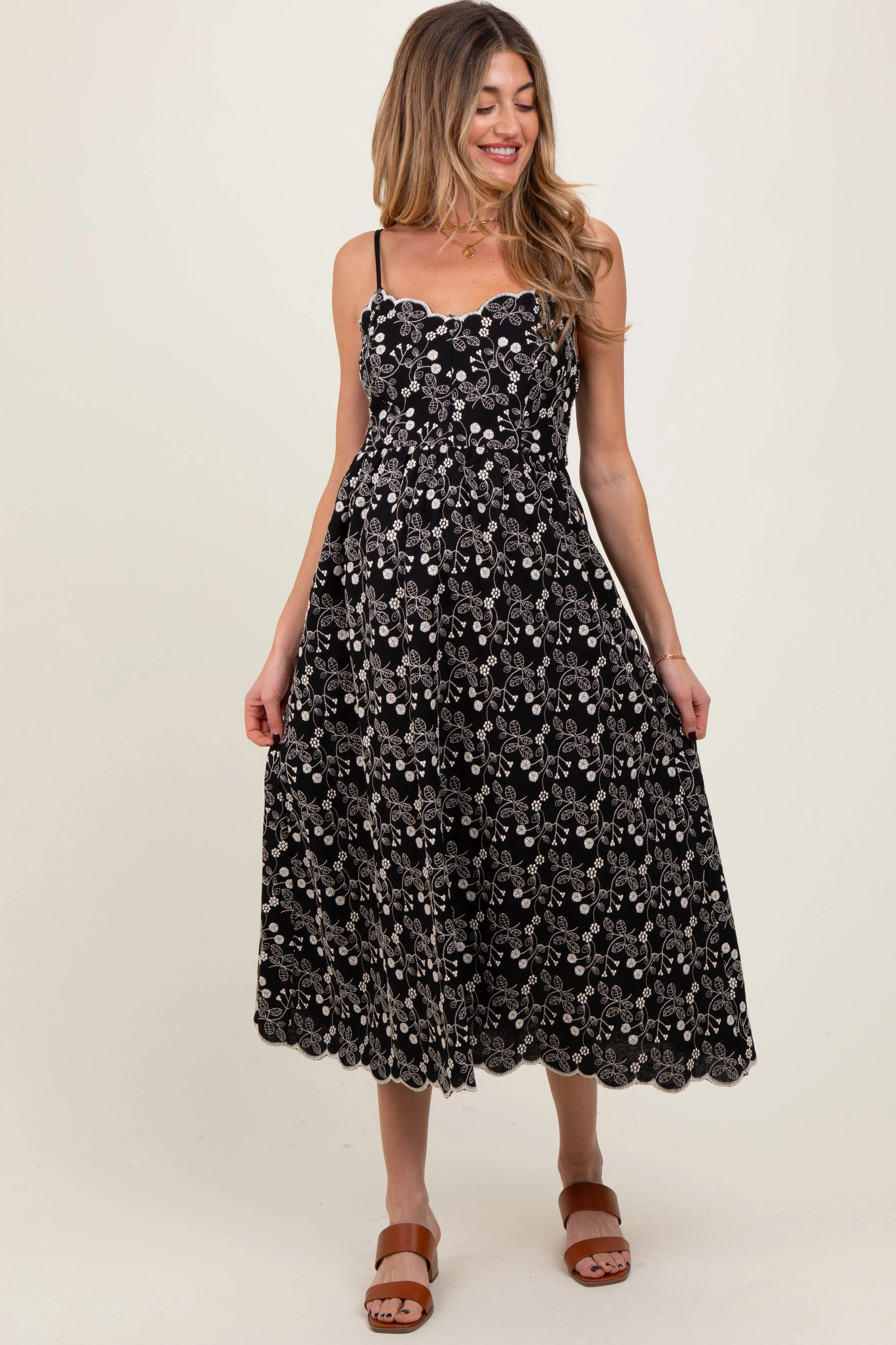 Black Floral Embroidered Scallop Detail Maternity Midi Dress sold by Pinkblush