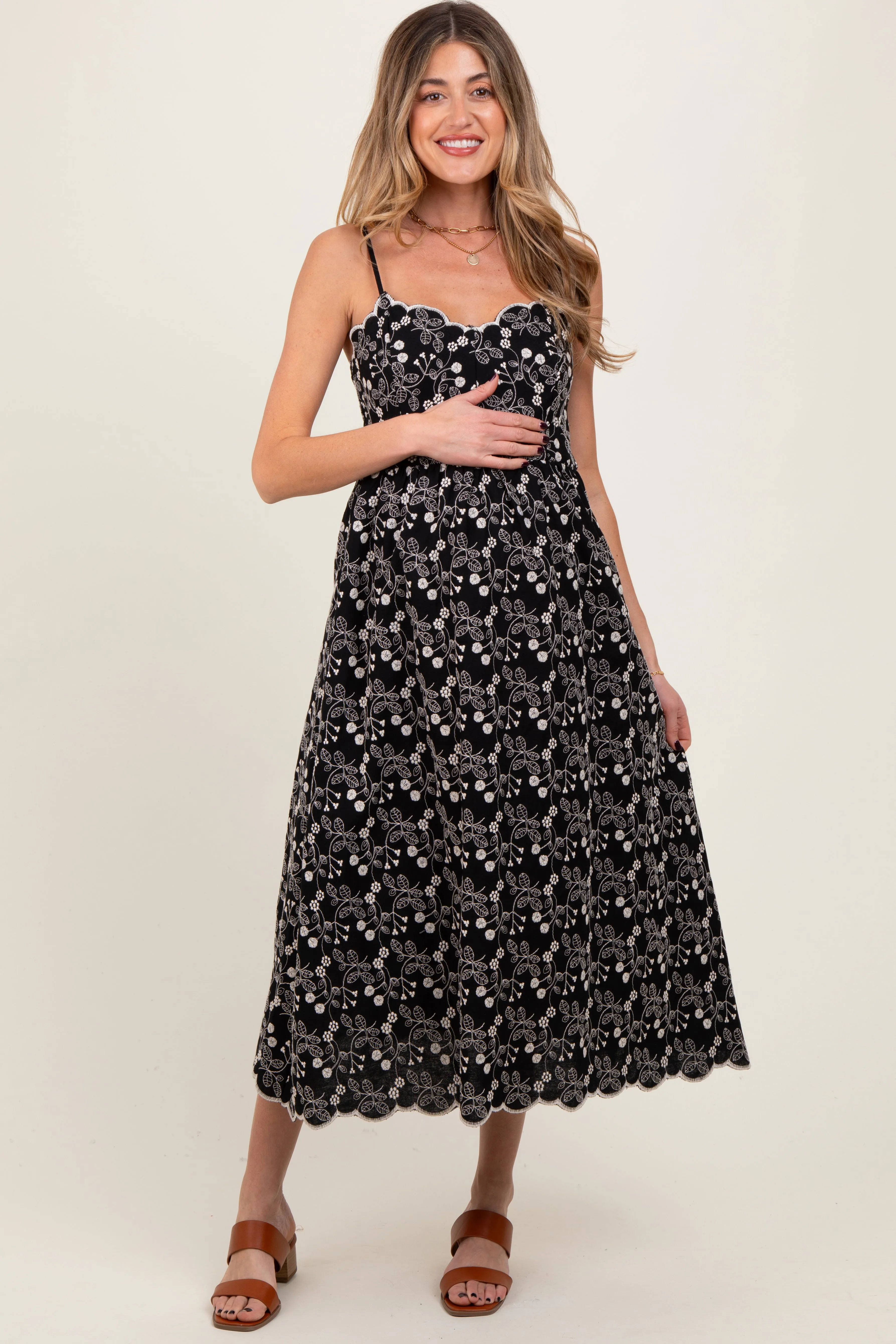 Black Floral Embroidered Scallop Detail Maternity Midi Dress sold by Pinkblush product image thumbnail 2